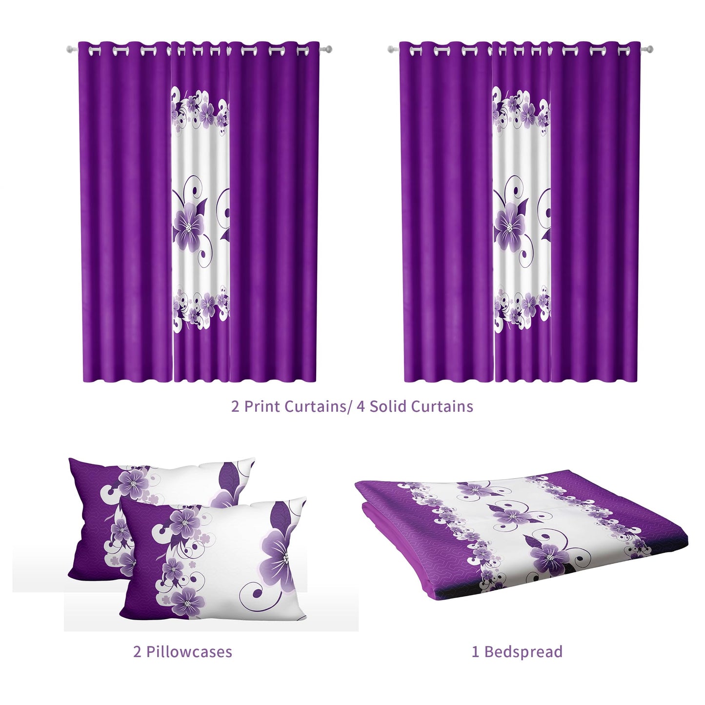 Deepsleep King Bedspread Set 9 Pieces, All Season Luxury Bed in a Bag for Bedroom, with 2 Pillowcases and 6 Curtains, Ultra-Soft Microfiber for Complete Bedroom Decor, Purple Gardenia Flower