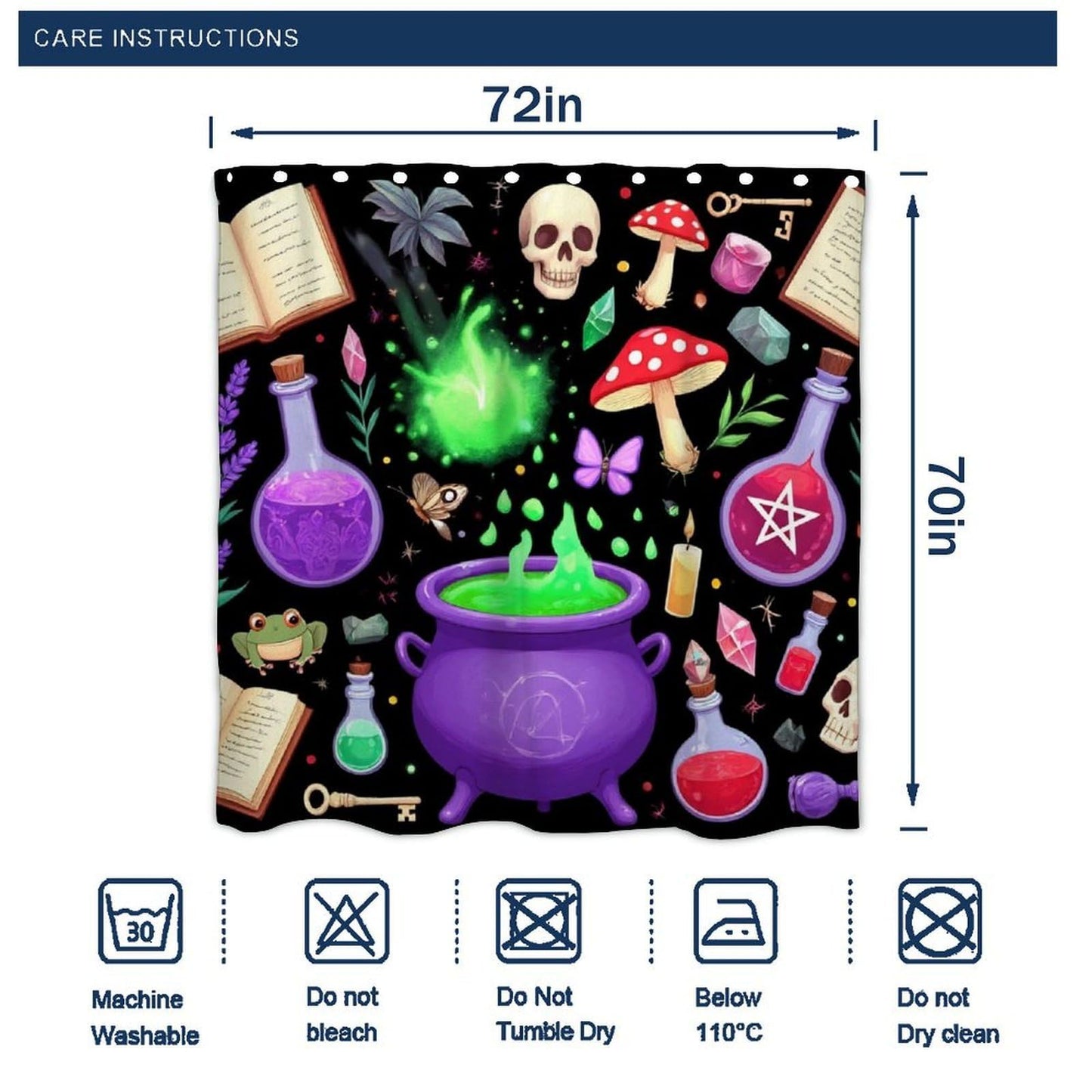 Meaudiwes Fashion Lightweight Shower Curtain Waterproof Bathroom Shower Curtain with 12 Hooks Witch Witchy Mushroom Skull Goth Gothic Black, 72"x 70"