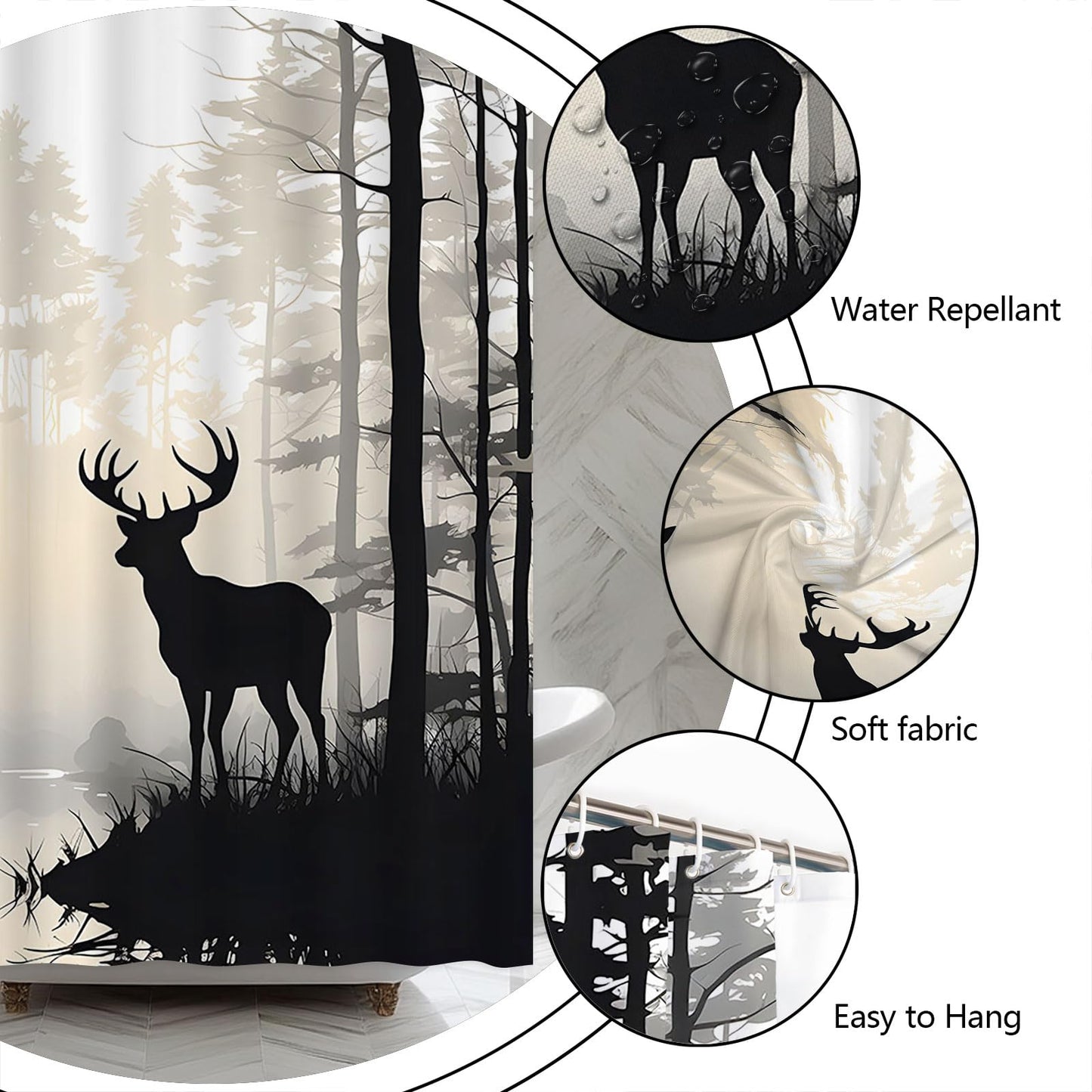HYEEHY Forest Deer Shower Curtain Foggy Wildlife Hunnting Rustic Cabin Lodge Country Farmhouse Pine Tree Grey Elk Moose Shower Curtains Set Bathroom Polyester Fabric with Hooks (70" W x 70" L)