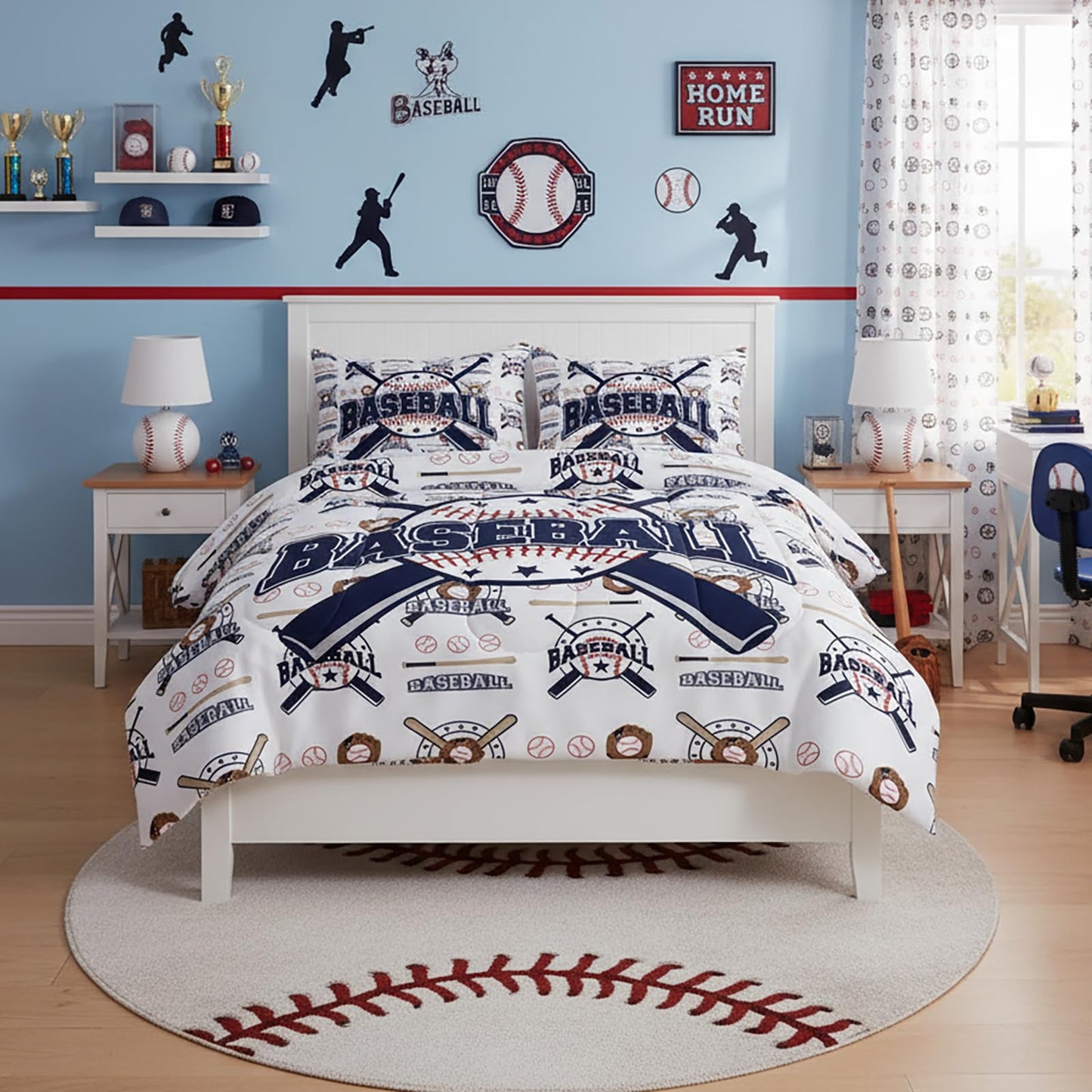 QOOMO 3Pcs Baseball Comforter Set Twin,Sports Bedding Set for Teens Boys Girls,Ball Printed Comforter with 2 Pillowcases,Down Alternative,Soft and Lightweight
