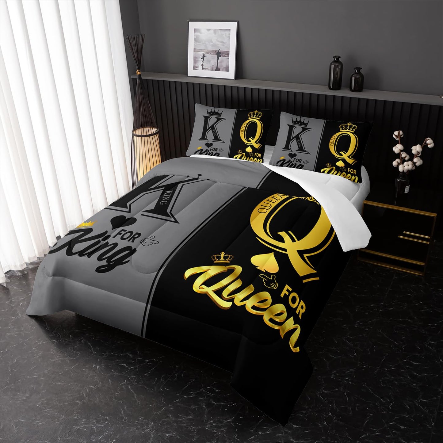 Nttopship King and Queen Crown Comforter Set Black and Gray Couple Bedding Set，3Pcs Mr Mrs Comforter Set for Adults Couple Men Women,His and Hers Quilt Set 2 Pillowcases Bedroom Decor Twin