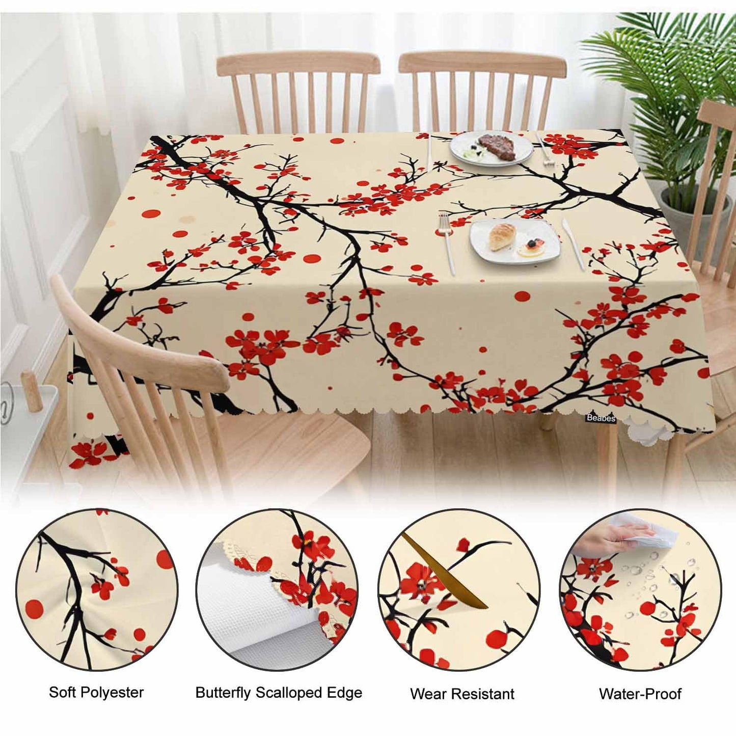 Beabes Cherry Kitchen Tablecloth Japanese Cherry Branch Red Indoor Outdoor Table Cover Anti-Oil Table Cloths for Wedding Banquet Dinner Tablecloths, 52x70 Inch(4-6 Seats)