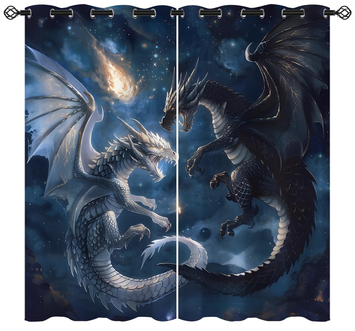 Dragon Blackout Curtains for Girls Boy Home Decor, Magical Black White Dragon Galaxy Space Blue Grommet Thermal Insulated Drapes Darkening Window Curtain for Bedroom Living Room, 42 x 45 Inch