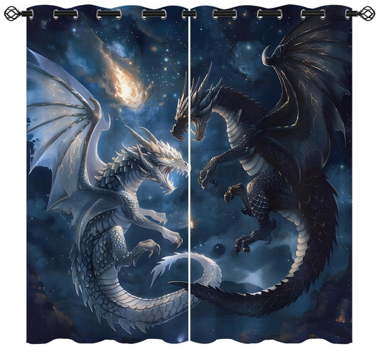 Dragon Blackout Curtains for Girls Boy Home Decor, Magical Black White Dragon Galaxy Space Blue Grommet Thermal Insulated Drapes Darkening Window Curtain for Bedroom Living Room, 42 x 45 Inch
