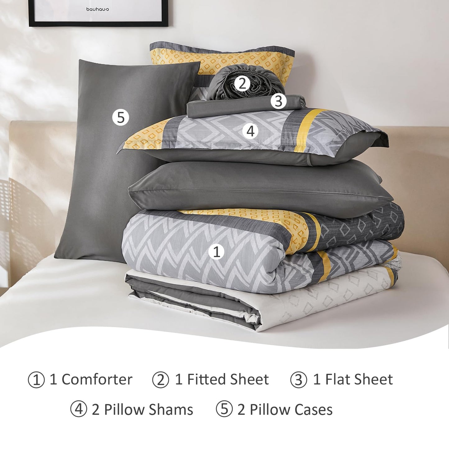 Cottolester Queen Comforter Set 7 Pieces,Yellow and Grey Boho Striped Bed in a Bag,Soft Microfiber Complete Bedding Sets
