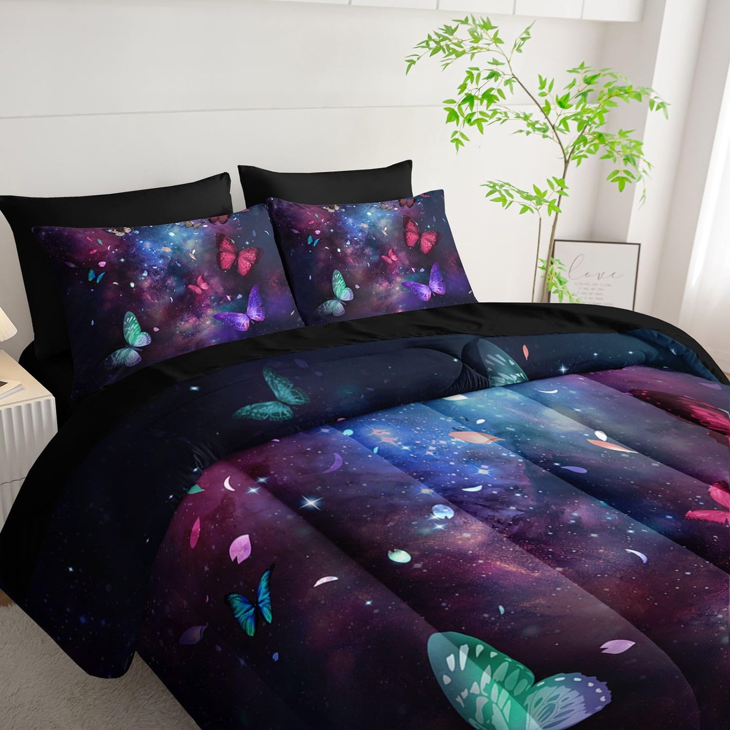 Smell Sunshine 7pcs Animals Comforter Set Purple Blue Dreamy Butterfly Printed Bedding Set with 1 Comforter, 1 Flat Sheet, 1 Fitted Sheet and 4 Pillowcases for Boys and Girls Bedroom (Twin