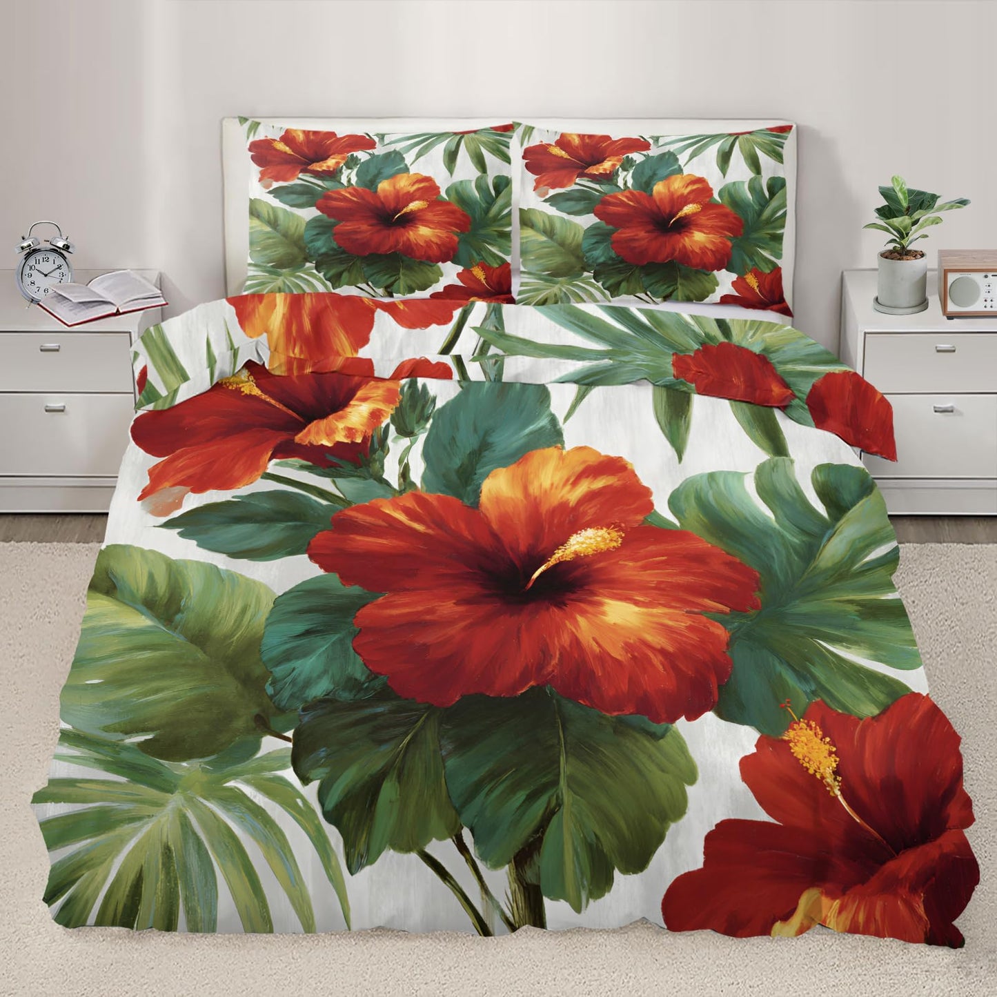 ZAMODE Floral Comforter Cover 104" x 90", Tropical Plants Hibiscus Bedding King Size, Hawaiian Summer Floral Duvet Cover with 2 Pillowcases