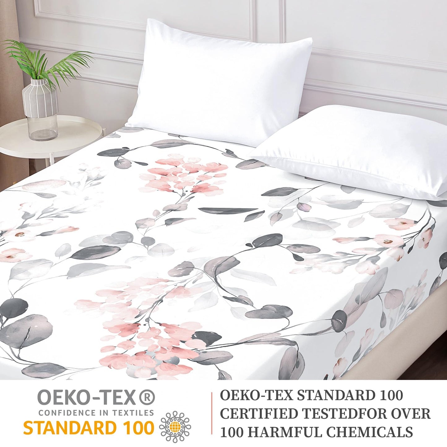 HCORA Floral Fitted Sheet Only, 100% Brushed Microfibre Deep Pocket Fitted Bottom Sheet, Ultra Soft, Shrinkage and Fade Resistant, Full Size
