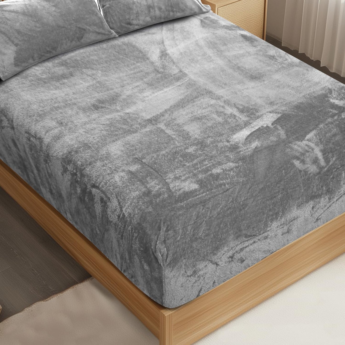 Ramesses Fluffy Teddy Fleece Full Fitted Sheet- 1 Deep Pocket Furry Fleece Fitted Sheet and 2 Piece Ultra Soft Standard Size Pillowcases (Ash Grey, Full)