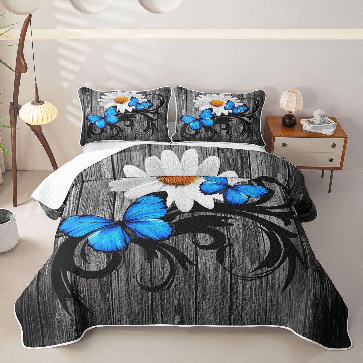 Erosebridal Daisy Quilt Butterfly Quilt Set Full Retro Wooden Planks Bedding Coverlet Rustic Farmhouse Animals Bedspread with 2 Pillowcases