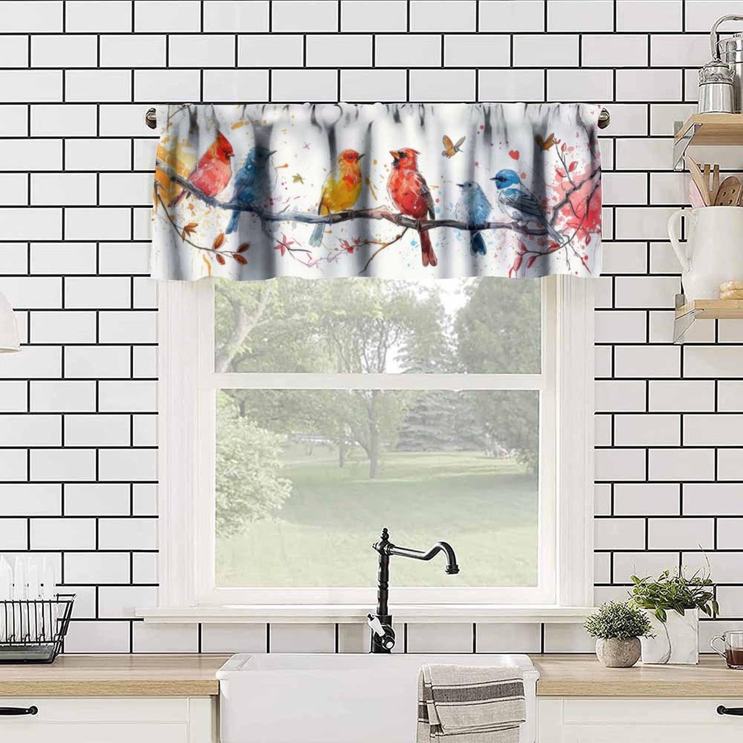 Yearn Jear Spring Bird Flowers Kitchen Curtain Valance,Floral Nature Animal Colorful Birds Rod Pocket Curtain Valance for Kitchen, Bathroom, Living Room, Bedroom 54 X 18 inch 1 Panel
