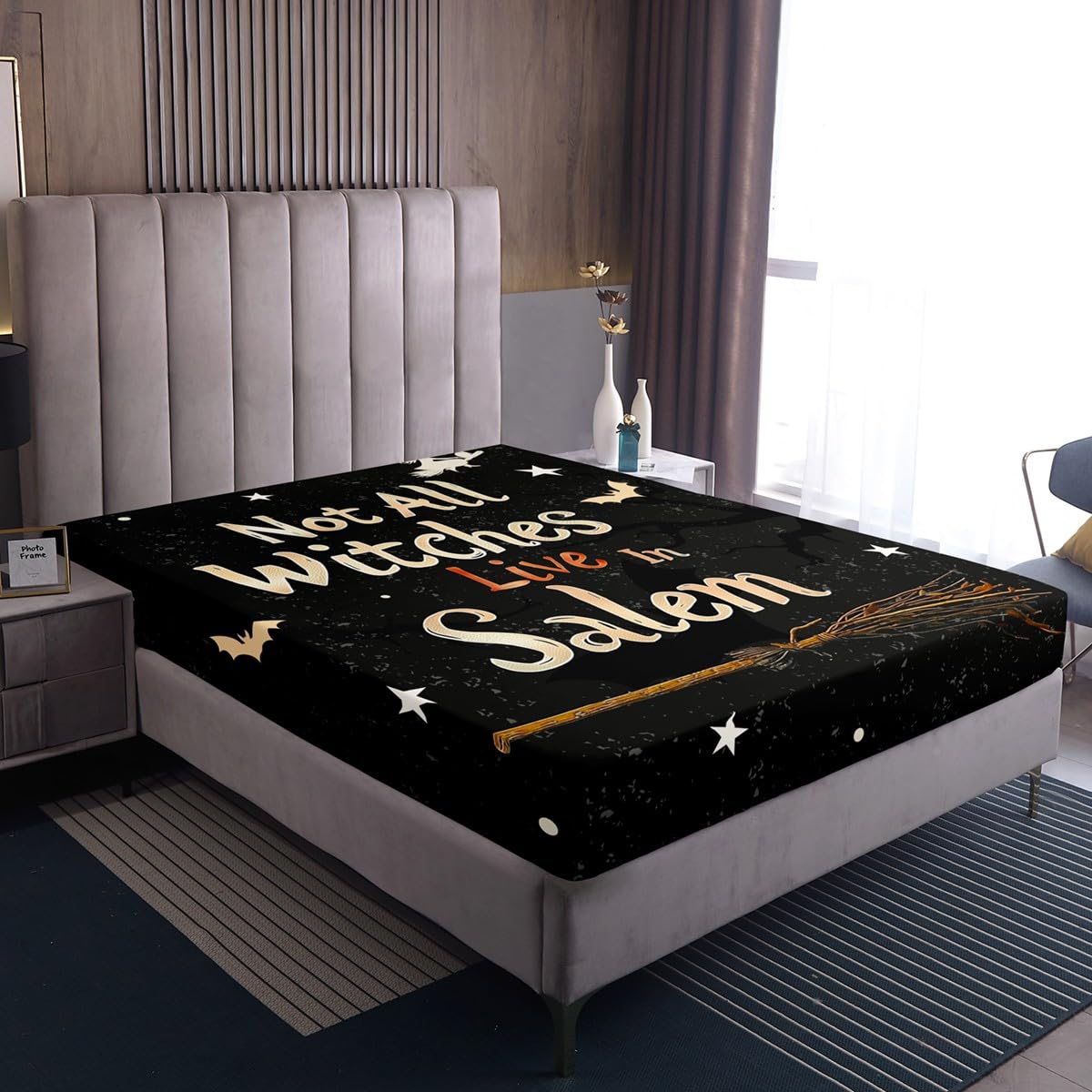 Feelyou Halloween Decor Fitted Sheet with 2 Pillowcases Full Size Witch Bed Sheets Set 16" Deep Pocket Boys Girls Magic Broom Bedding Happy Halloween Teens Bedroom Decor Breathable Soft