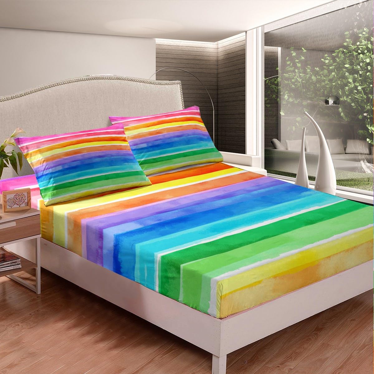 Feelyou Rainbow Bedding Fitted Sheet with Colorful Stripes - 1 Bed Sheet Set with 2 Pillowcases for Kids - Full Size