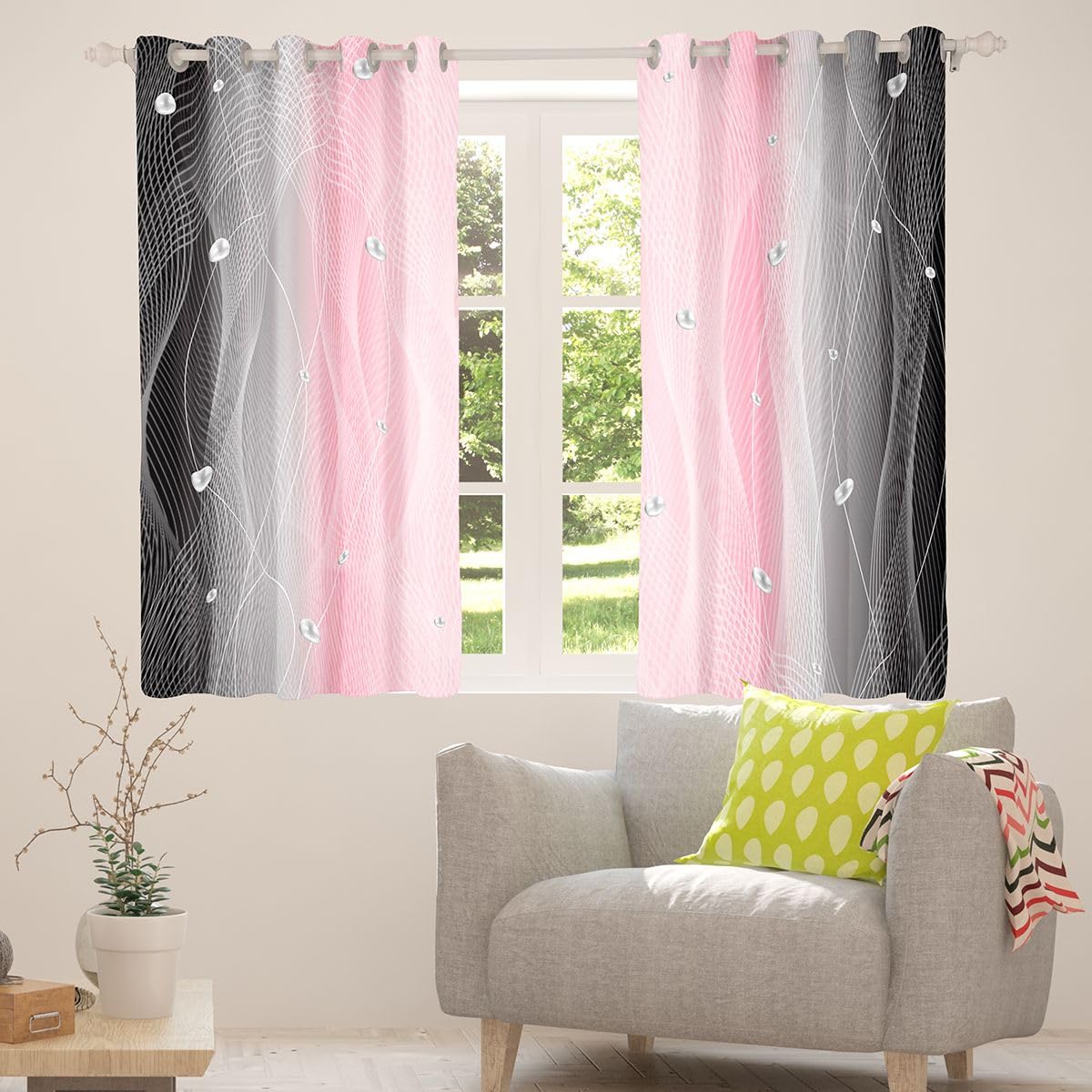 jejeloiu Pink and Black Darkening Drapes Strip Lines Curtains for Bedroom for Kids Women Men Ombre Pearl Printed Blackout Curtains Geometric Window Treatments(2 Panels, 38 x 45 Inch)