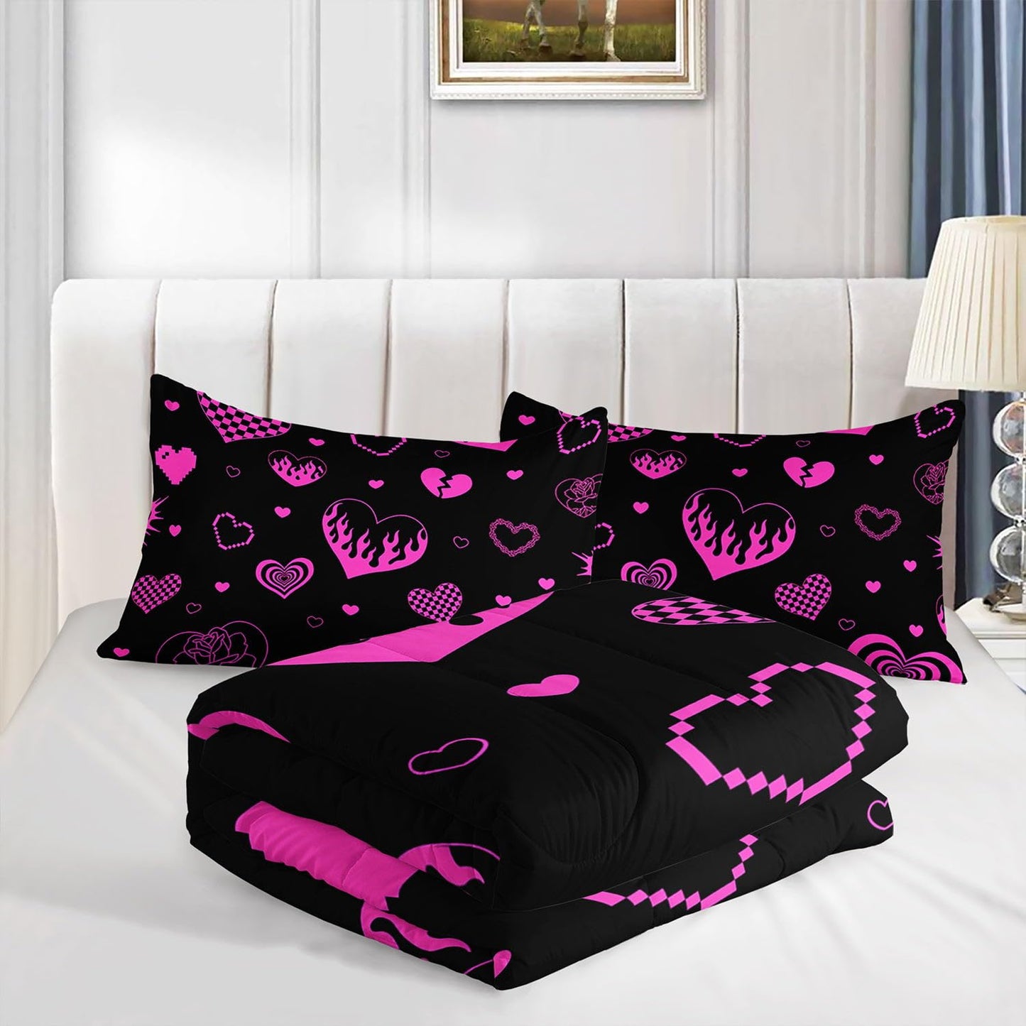 Smell Sunshine Heart Comforter Set Pink Rose Printed Bedding Set with 1 Comforter and 2 Pillowcases for Boys and Girls Bedroom All Season(Love Twin)