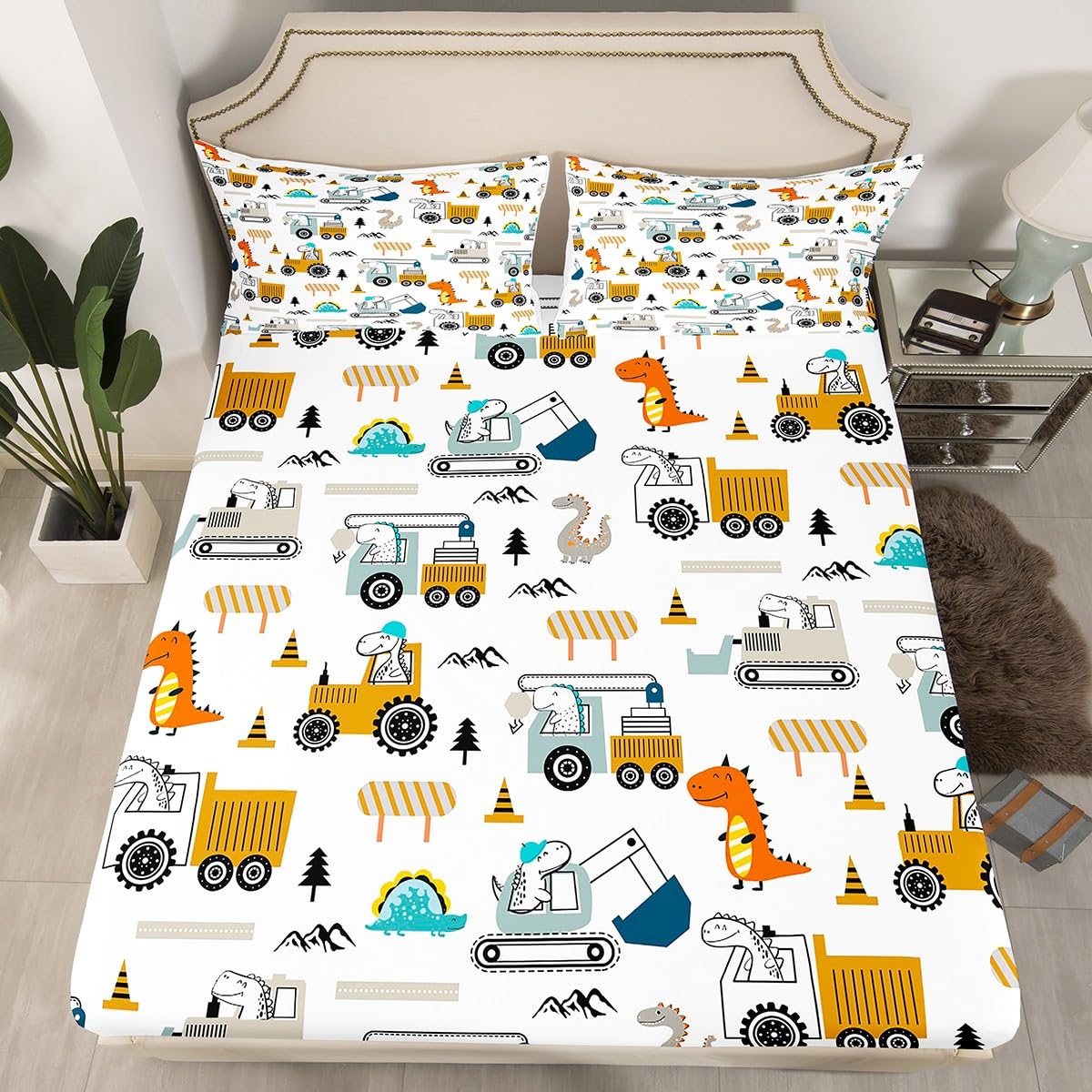 Feelyou Construction Bed Sheets Set Full Size Equipment Trucks Sheet Set for Kids Boys Girls Decor Dinosaur Sheets with Deep Pocket Fitted Sheet 3D Digital Print Yellow Bedding Set Bedroom