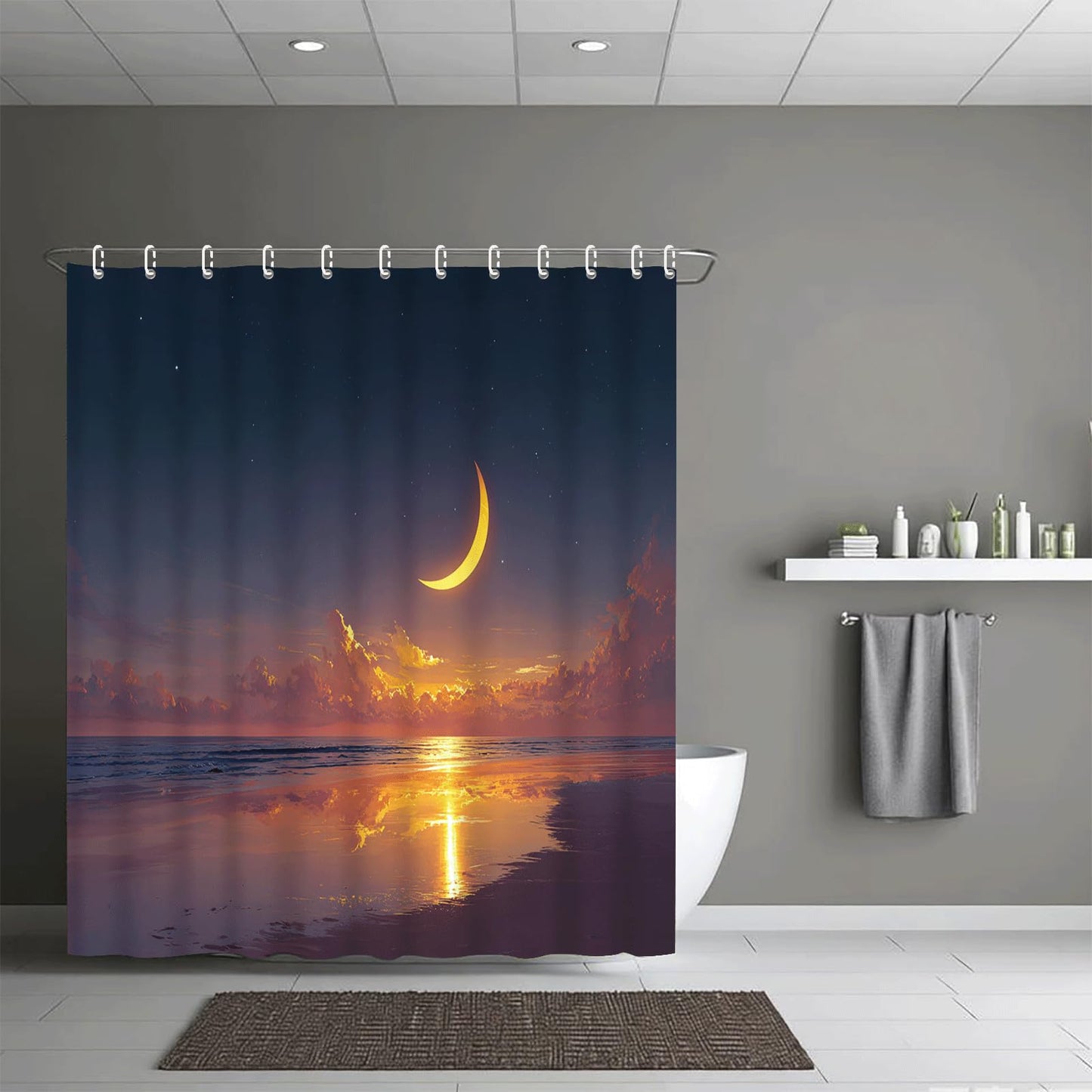 ZROLUW Moon Tropical Sea Shower Curtain 48" W x 72" L Nature Bathroom Decor Curtain with Hooks