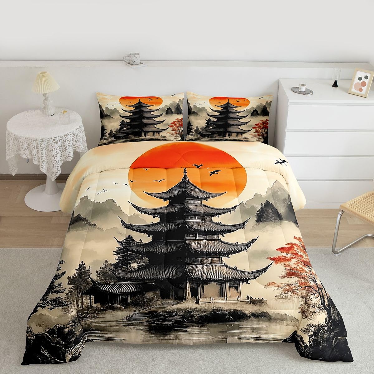 jejeloiu Chinese Ink Painting Bedding Set Soft for Boys Girls, Red Sun Mountain Comforter Set Queen Size Japanese Style Duvet Quilt Microfiber Bedroom Decor 3 Pcs with 2 Pillow Cases
