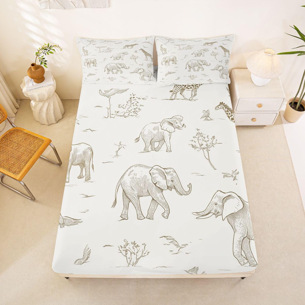 Erosebridal Jungle Animals Sheet Set Full Elephant Lion Giraffe Animal Bed Sheets for Kids Boys Girls Cartoon Kawaii Flat Fitted Sheet Hunter Brown Rust Wildlife Sheets 3 Pcs