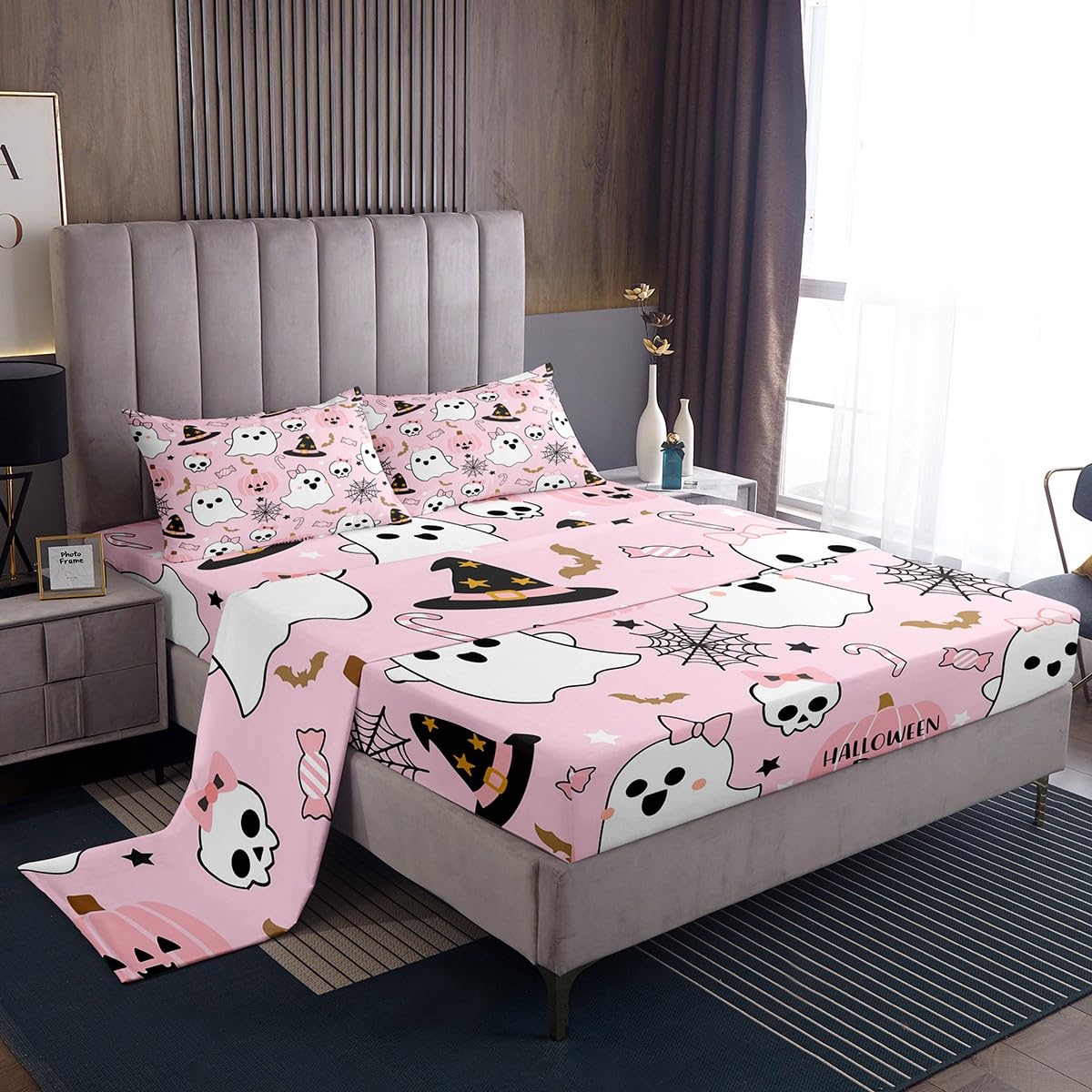 Feelyou Cute Halloween Pink Twin Size Bedding Set Decoration Toddlers Teens Adults Pumpkin Ghost Kawaii Sheets Set Kids Autumn Happy Fitted Sheet Pink Bed Sheet Set Collection