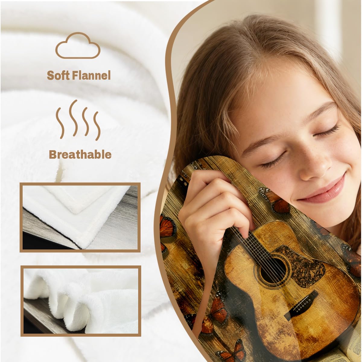 HUNXIAOJ Guitar Blanket Throw Music Decor Flannel Throw Musical Instruments Bedding Guitar Fleece Blanket Gifts for Men Women Girls Boys Kids Couch Home Bedroom Living Room Musician Decor 49"x59"