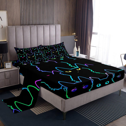 Erosebridal Cute Cartoon Cat Bed Sheets King Kawaii Cats Sheet Set Neon Gradient Animal Bedding Sheets for Kids Boys Girls Teen Lovely Kitten Fitted Sheet + Black Flat Sheet + 2 Pillow Cases