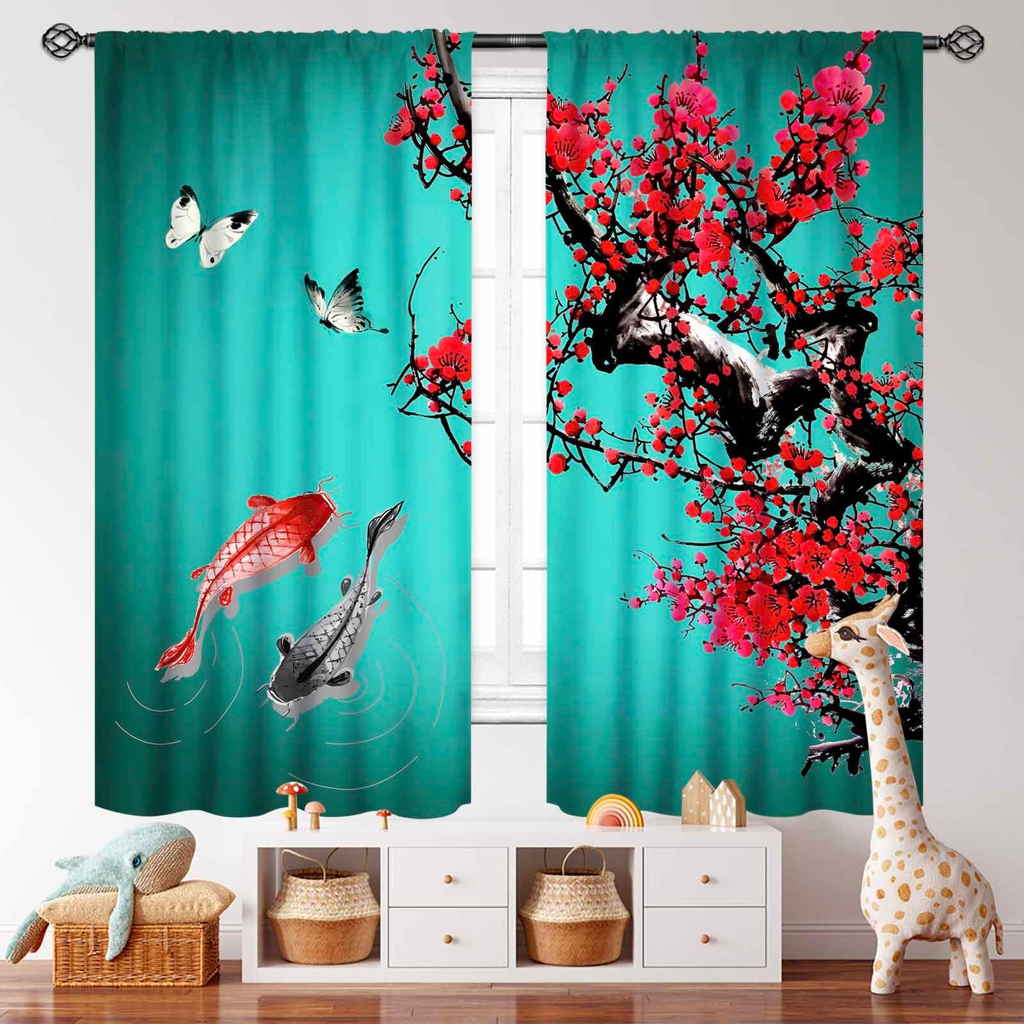 Lnepty Koi Fish Curtains,Asian Style Traditional Japanese Koi Carp Fish Cherry Blossoms Printed Green Retro Landscape Window Drapes Treatments for Bedroom Living Room 21" W x 45" L,2 Panel Set