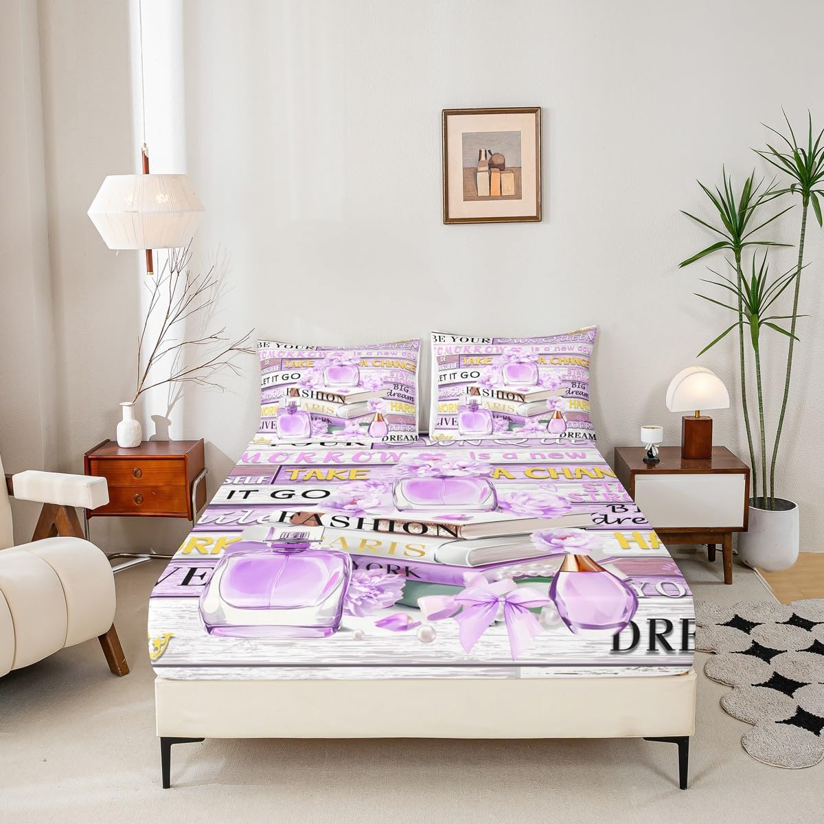 Erosebridal Violet Fashion Sheet Set King for Women Girls Kids Girly Aesthetic Modern Bed Sheets Inspirational Quotes Elegant Coquette Cute Bedding Set Perfume Paris Preppy Pink Purple Bow Sheets