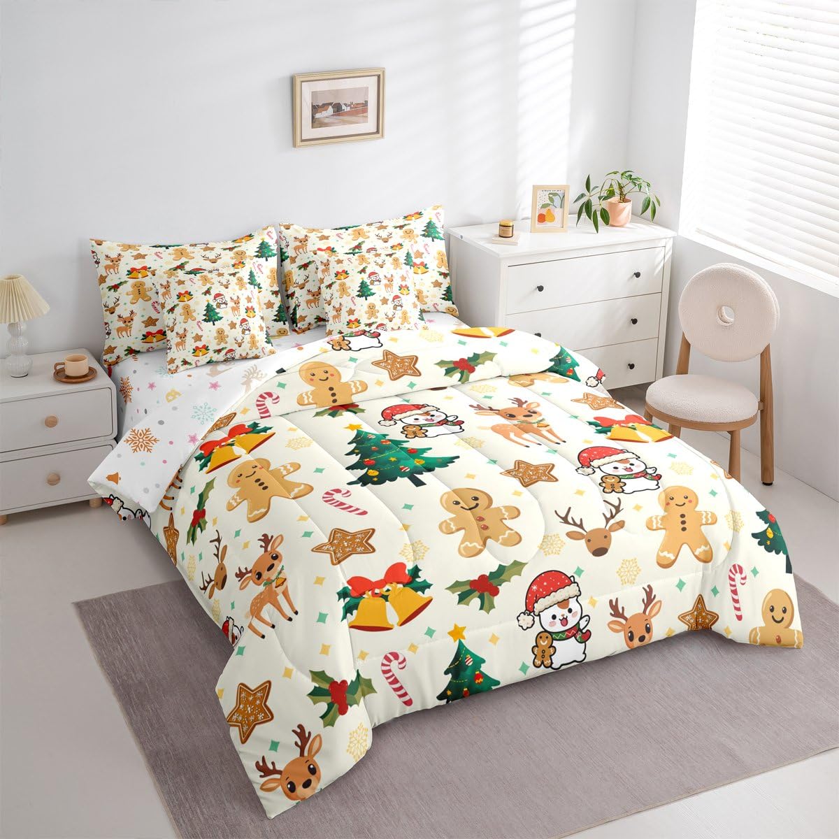 Feelyou Merry Christmas Comforter Set with Sheets 7 Piece Twin Size Gingerbread Man Bed in a Bag Kids Boys Girls Cute Deer Bedding Set Christmas Tree Soft