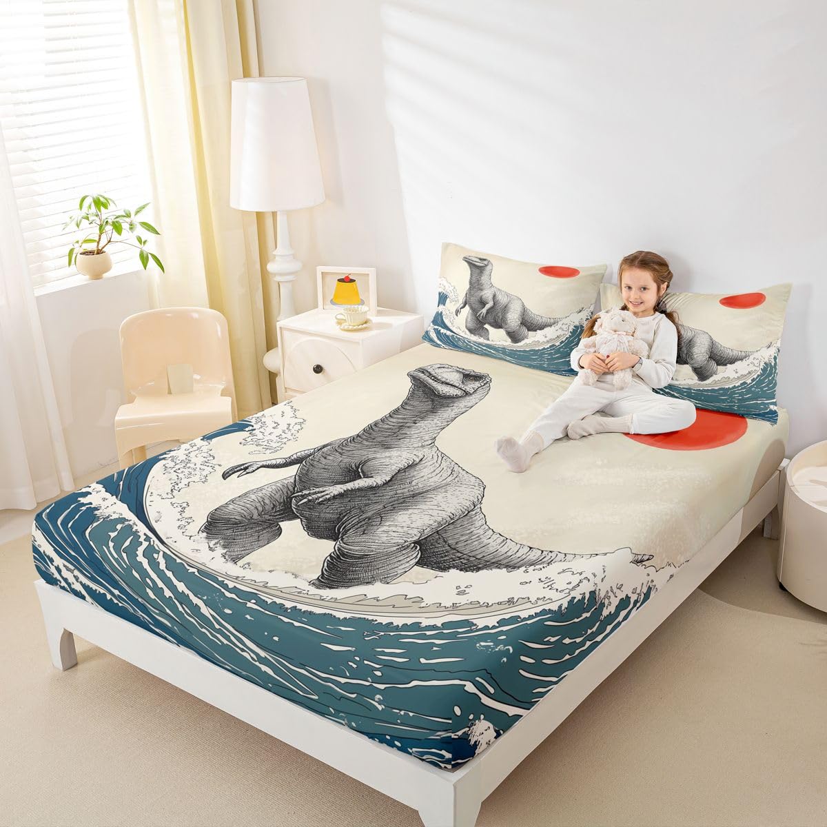 Feelyou Dinosaur Monster Bedding Sheets Full Japanese Ukiyoe Theme Bed Sheet Set for Adult Kids Cool Animal Fitted Sheet Asian Anime Bed Cover 3Pcs,1 Fitted Sheet+2 Pillow Sham（No Flat Sheet）