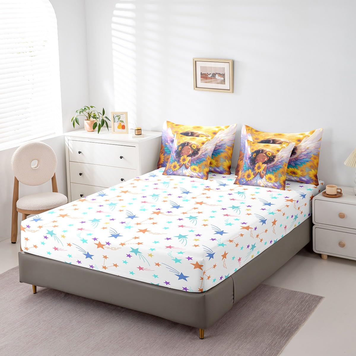 Castle Fairy Girlish Angel Bedding Set,Blooming Sunflowers Twin Comforter Set with Sheets for Kids Girls Teens Room Decor,Dreamy Angel Wings Bed in a Bag 7 Piece for Bedroom Living Room