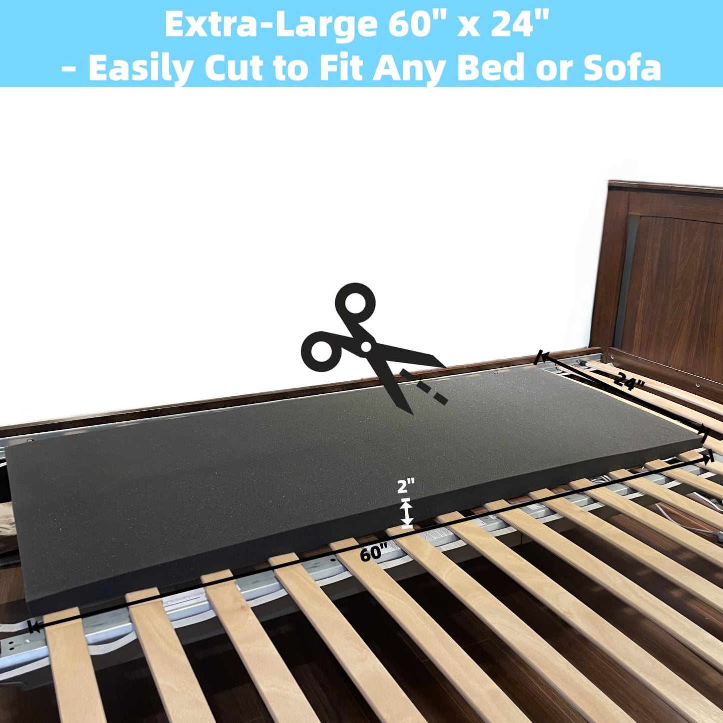 Sagging Mattress Support – 60” x 24” x 2” High-Density 50D Foam Under Mattress Support for Sinking Beds – Arched Bed Board to Fix Mattress Sag & Restore Firmness – Ideal for Couch & Sofa Support