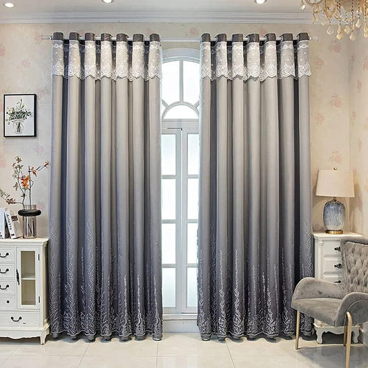 Amidoudou 1 Pair Double Layer Curtains for Living Room Gradient Coral Tree Pattern Embroidered Curtains for Bedroom (Grey,54x90 Inch)