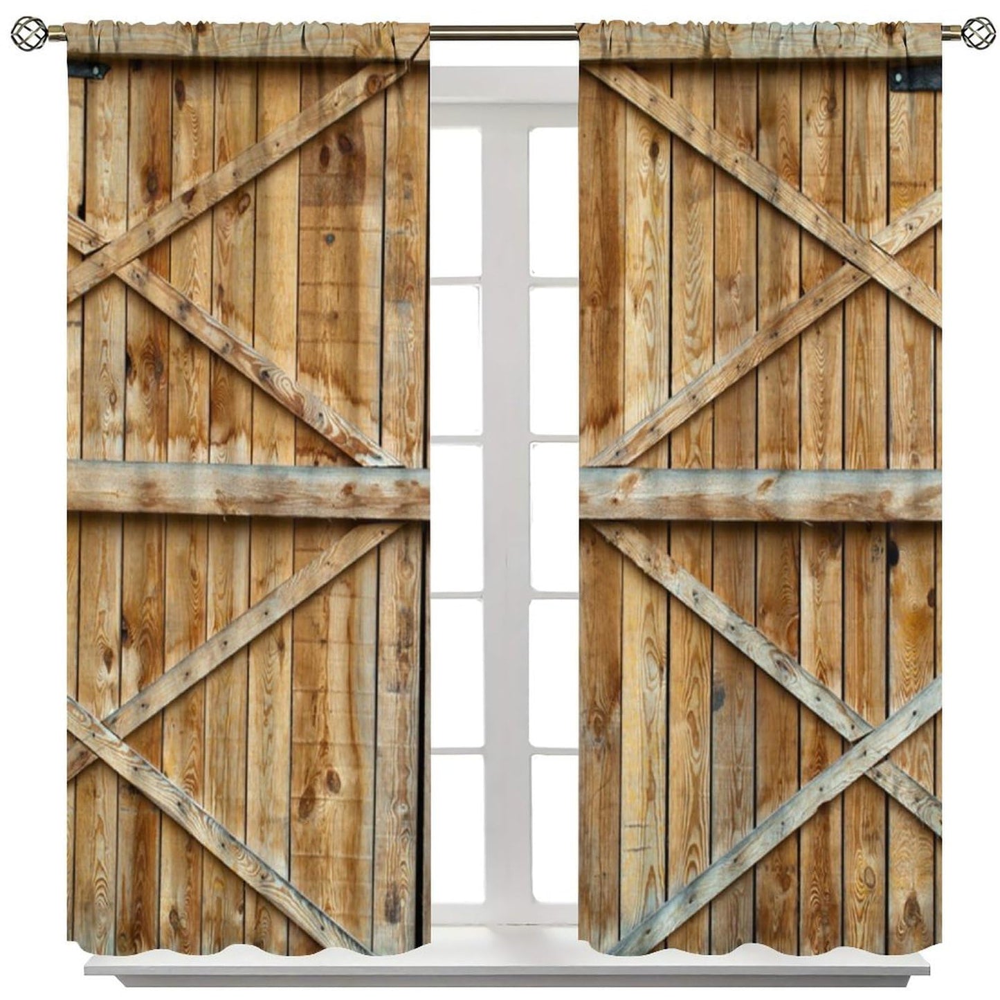 Wood Barn Door Decor Curtain, Natural Farmhouse Rustic Warm Double Wooden Door Pattern Print Rod Pocket Window Treatments, for Living Room Bedroom 42" W X 45" L