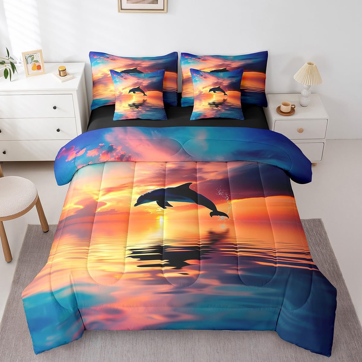 Erosebridal 7 Pcs 3D Dolphin Bedding Sets Blue Ocean Quilt with Flat Fitted Sheet Twin Coastal Animals Bed in A Bag Sunrise Ocean Landscape Comforter Set