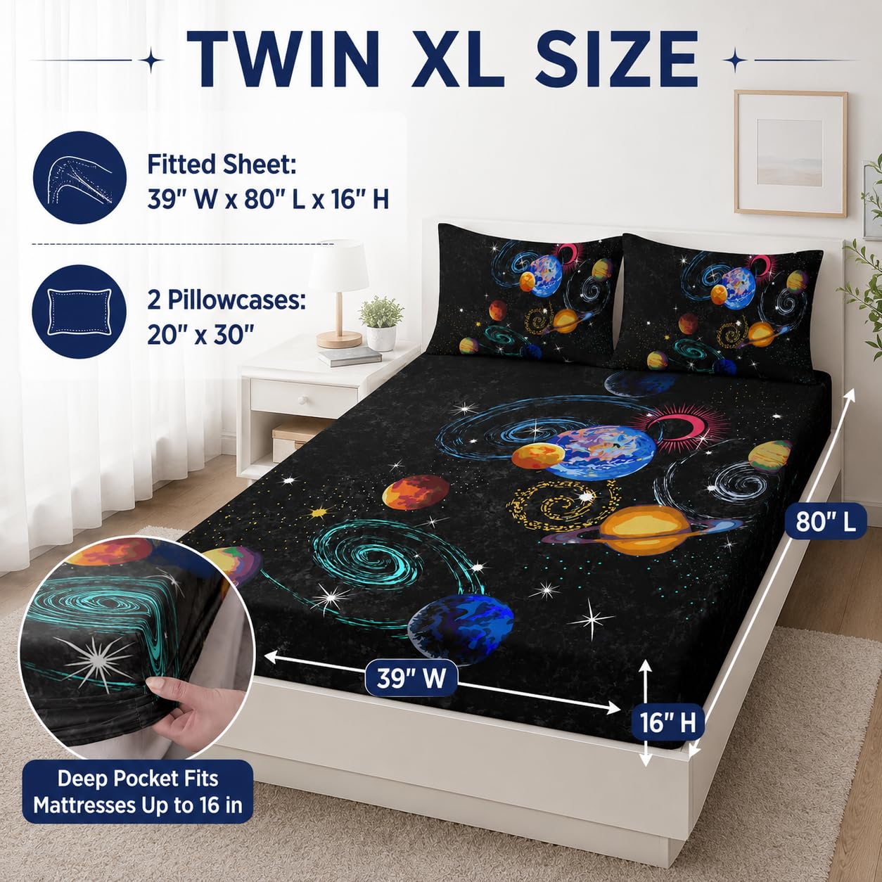 AILONEN Outer Space Twin XL Size Fitted Sheet 3 Pieces Set, Galaxy Starry Sheet for Kids Boys - Eight Planet Theme Soft Breathable Bed Sheet, 1 Fitted Sheet and 2 Pillowcases