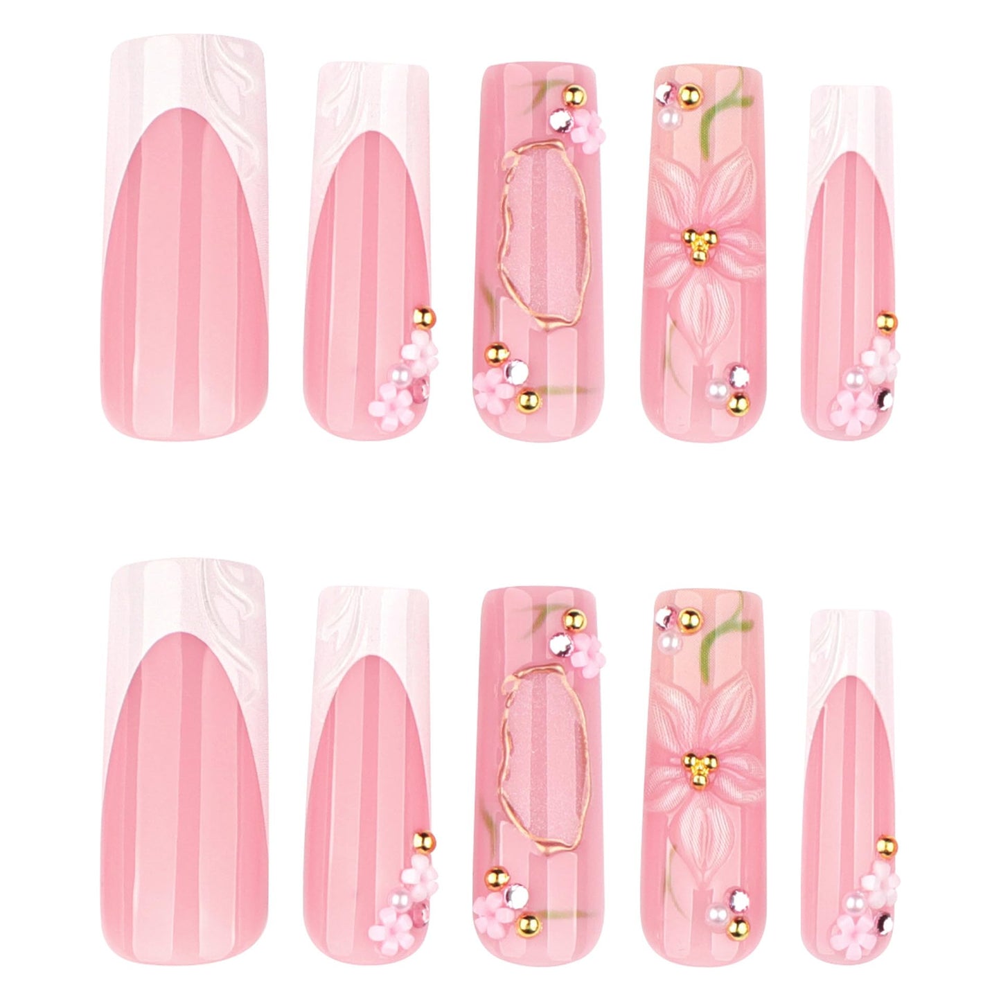 plalely White Press on Nails Square Long 3D Flowers Press on False Nails Gold Embossed Charms Stick on Nail for Women 24pcs