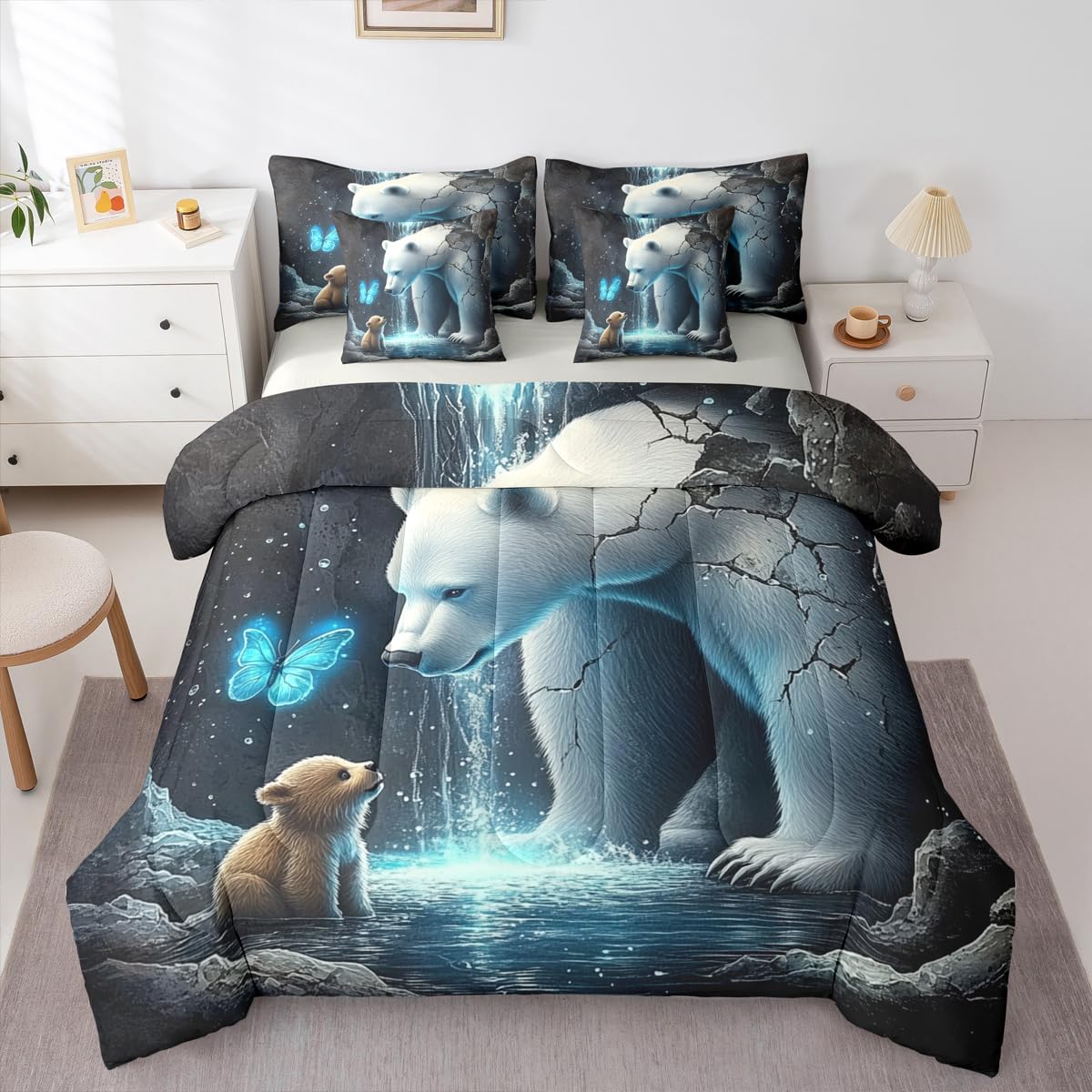 Erosebridal Bears 7 Piece Bedding Set Twin Butterfly Comforter Set with Sheets Broken Cave Water Droplets Pool Bed in a Bag Cute Wild Animals Natural for Kids Boys Girls