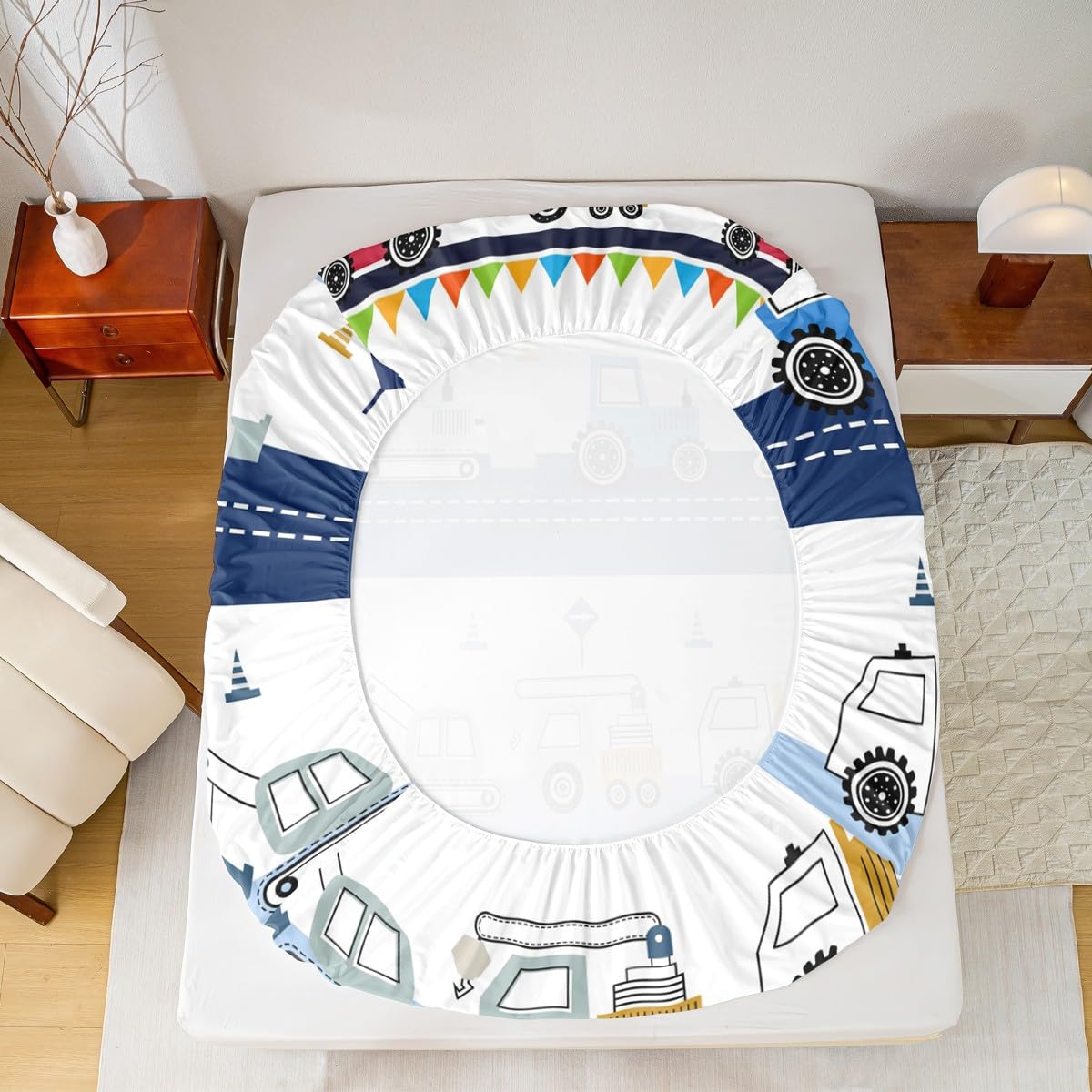 Feelyou Construction Sheet Set Kids Equipment Trucks Sheets with Deep Pocket Fitted Sheet Boys Cartoon Car Excavator Tractor Bed Sheets Set Construction Vehicles Blue White Bedding Set Full Size