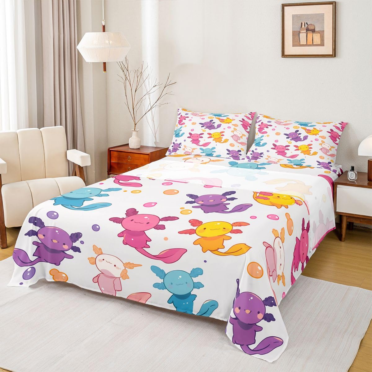 Erosebridal Axolotl Bed Sheets Full | Wildlife Sheet Set for Kids Boys Girls Cartoon Salamander Sheets Colorful Cute Beach Ocean Animals Flat Fitted Sheet 3 Pcs