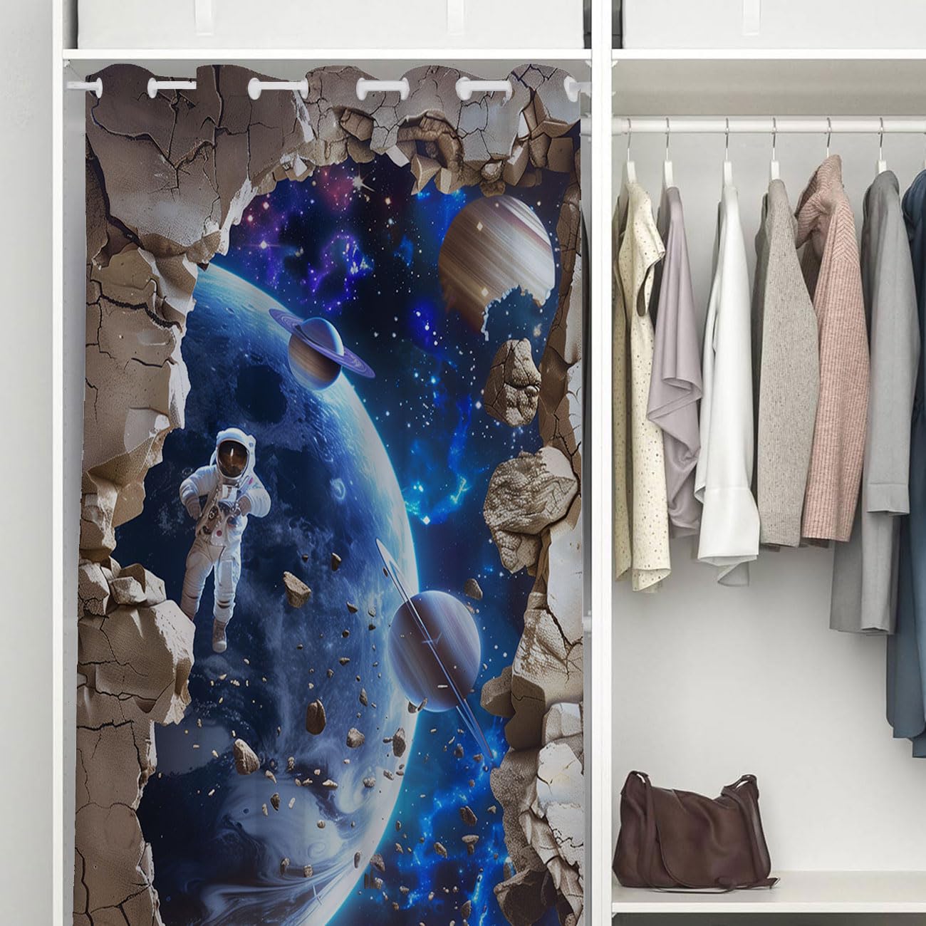 Chaohuan Galaxy Astronaut Door Curtain Home Decor, Planets Spaceships 3D Space Scene Room Darkening Blackout Curtain for Privacy Bedroom Doorway Living Room 1 Panel 34" W X 80" L