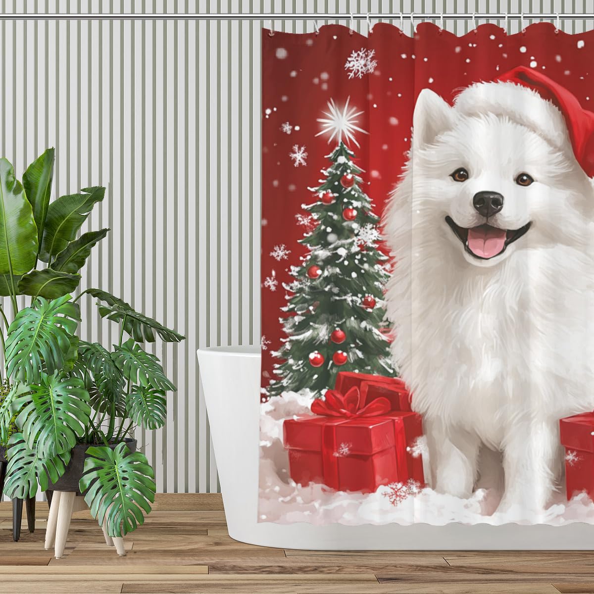 KEEPAEON Christmas Shower Curtain Samoyed Shower Curtains with 12 Hooks Waterproof Red Curtain for Bathroom,Bathtub Decor Shower Curtain Set 72x72 Inch