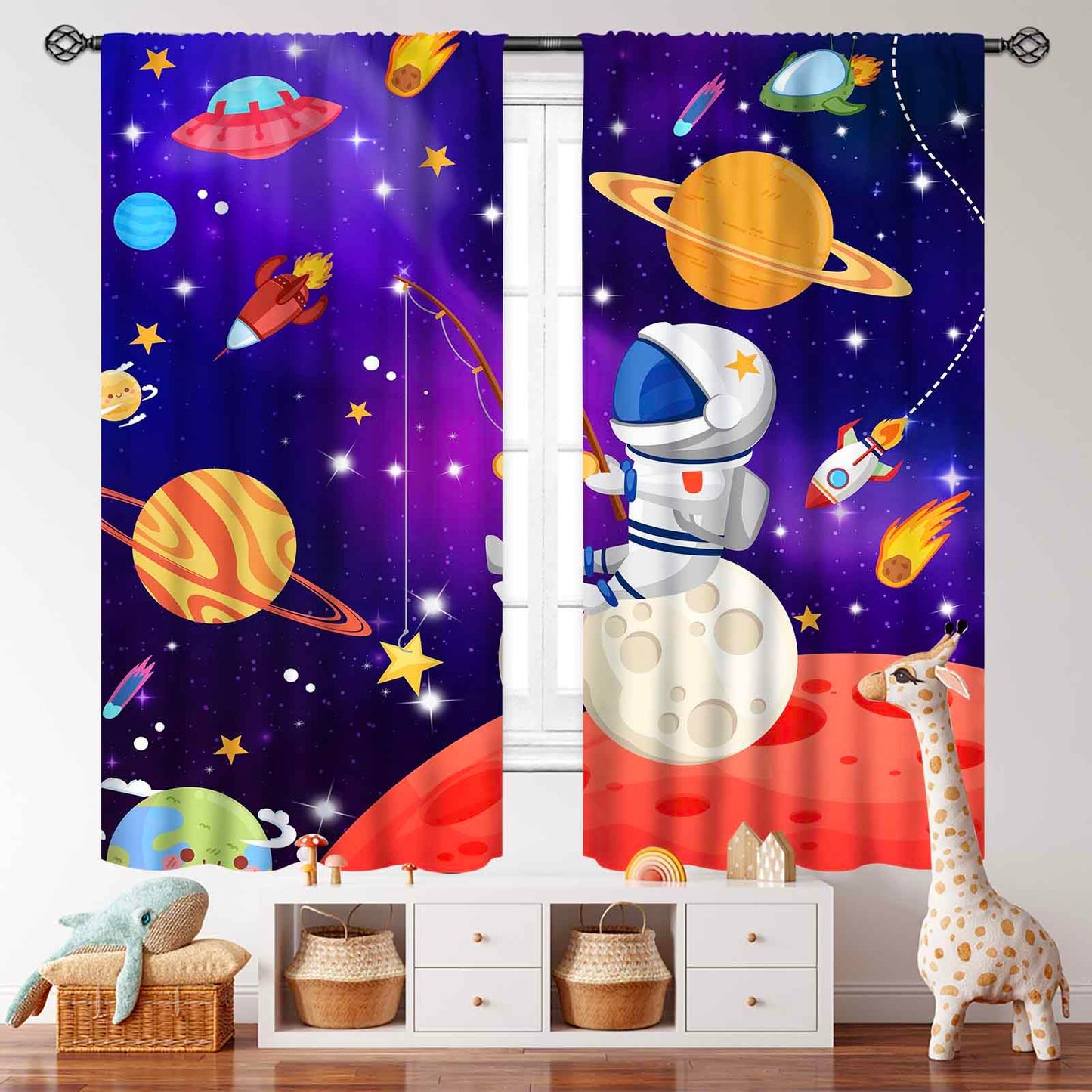 Lnepty Kids Cartoon Space Curtains,Outer Space Universe Solar System Planet Window Curtains for Boys Cartoon Astronaut Galaxy Curtains for Bedroom Nursery 2 Panels,42X45 Inch