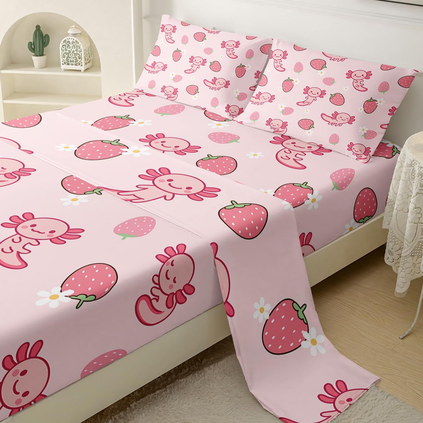 QOOMO Pink Axolotl Microfiber Flat Fitted Sheets Set for Children Kawaii Strawberry Kids Sheet Set Cute Sea Creature Super Soft Kids Bedding Set Queen Size 1 Fitted Sheet, 1 Flat Sheet, 2 Pillow Cases