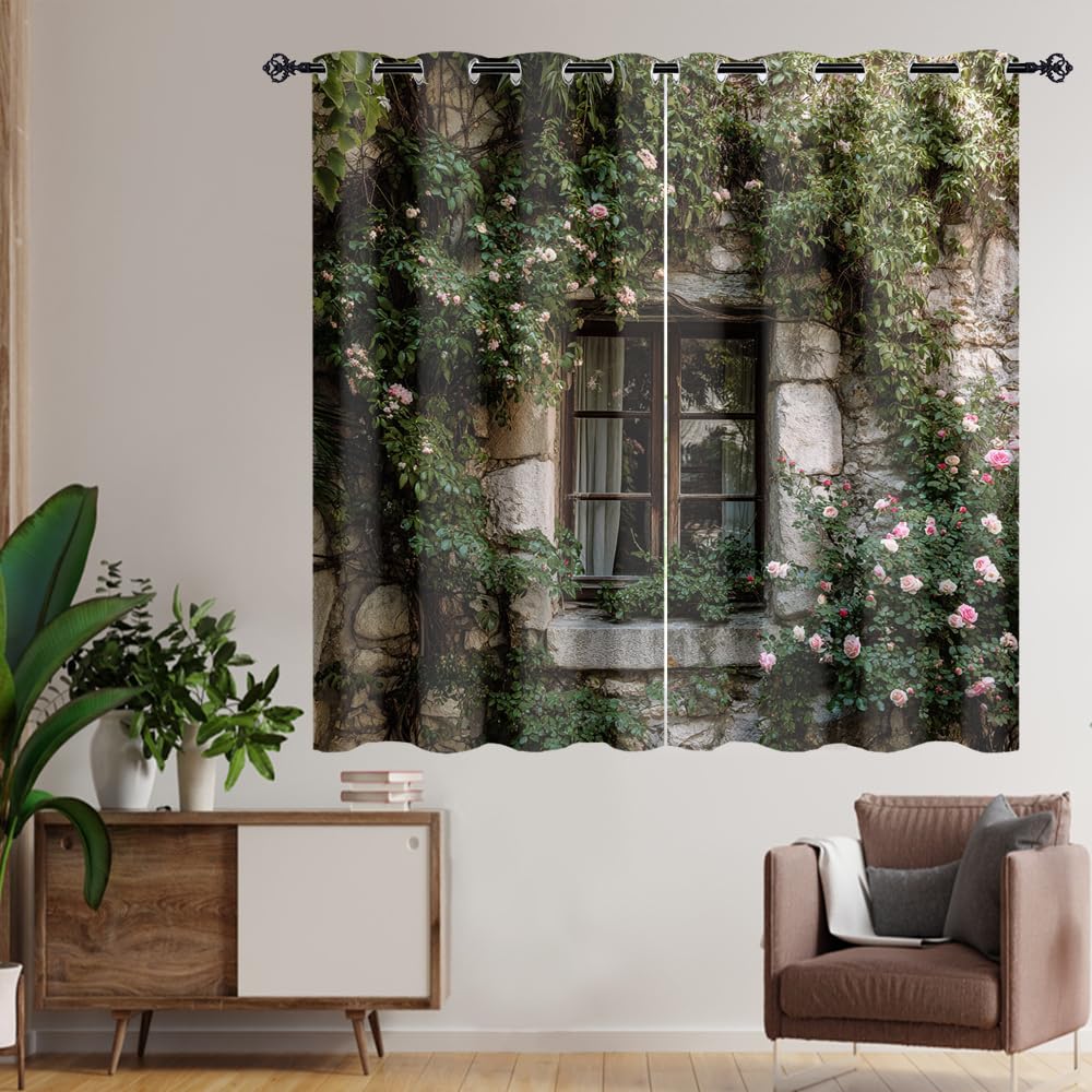 XSUPFLYM Modern Watercolor Stone House Privacy Blackout for Living Room Curtains Retro Oil Painting Spring Garden Plant Ivy Floral Pattern Curtains Top Grommets Window Treatment 2 Panels 21"W x 45"L
