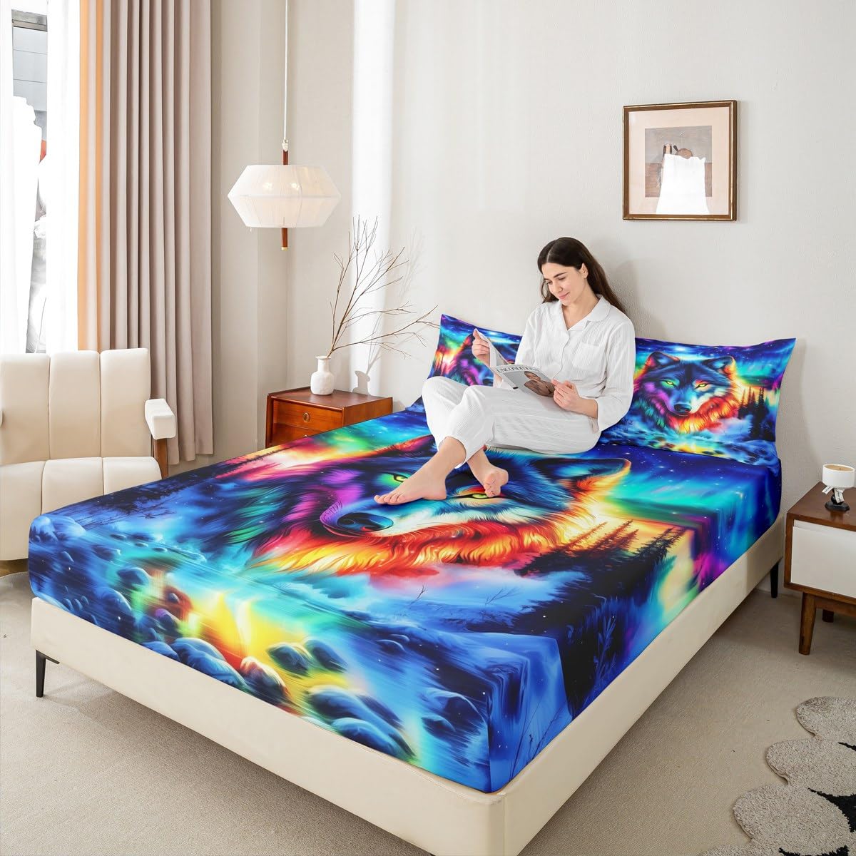 Erosebridal Wolf Full Bed Sheets Set Tribal Animal Flat Fitted Sheet Jungle Wildlife Bedding Set for Children Adult Women Men,Blue Starry Sky Natural Aurora Bedding Sets Watercolor, 2 Pillow Cases