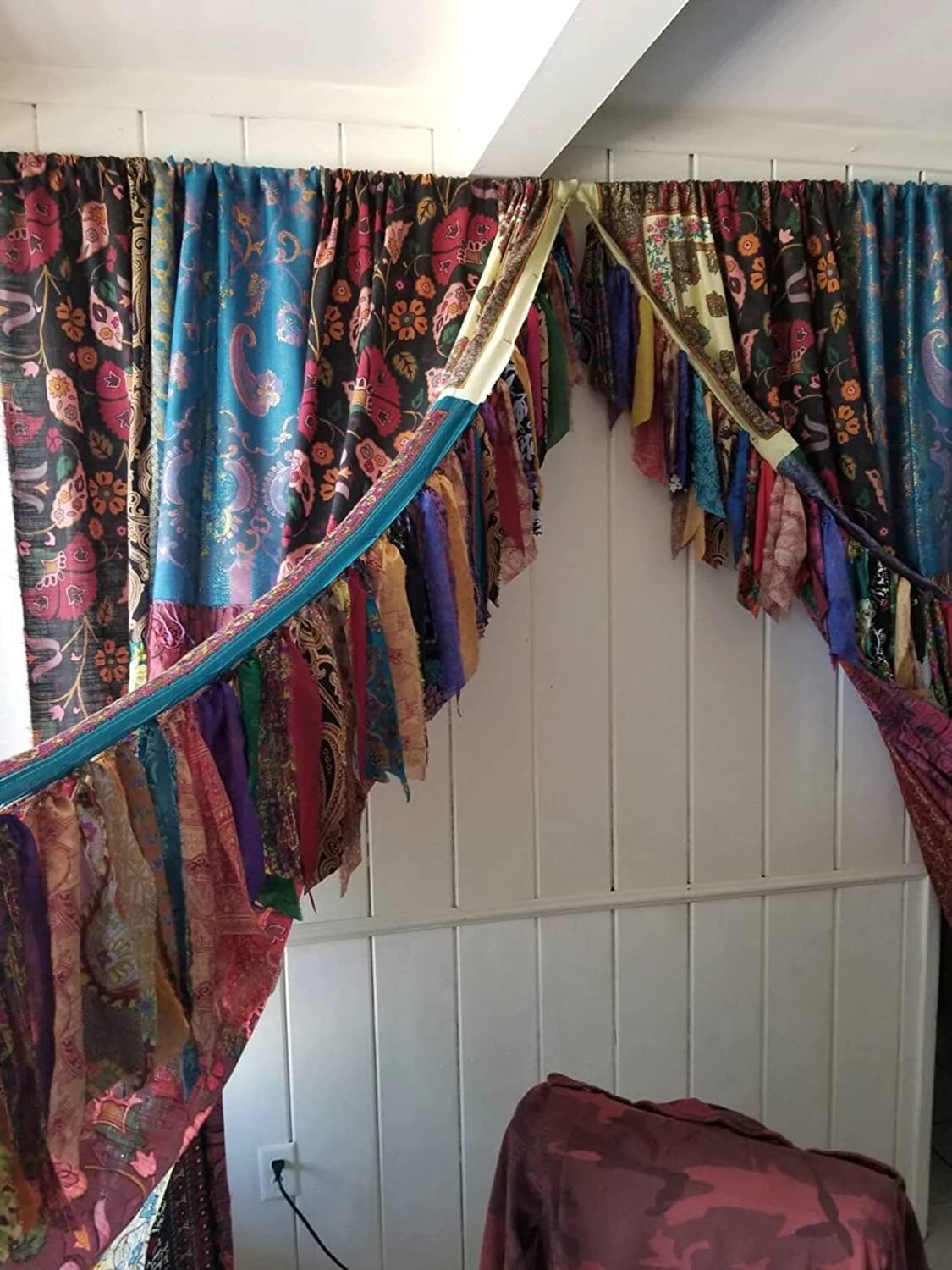 EthinicCraftHub® 2 PCS Indian Silk Saree Curtain Window Treatments Boho Gypsy Hippy Bohemian Wall Hanging Hippy Room Decor Curtain