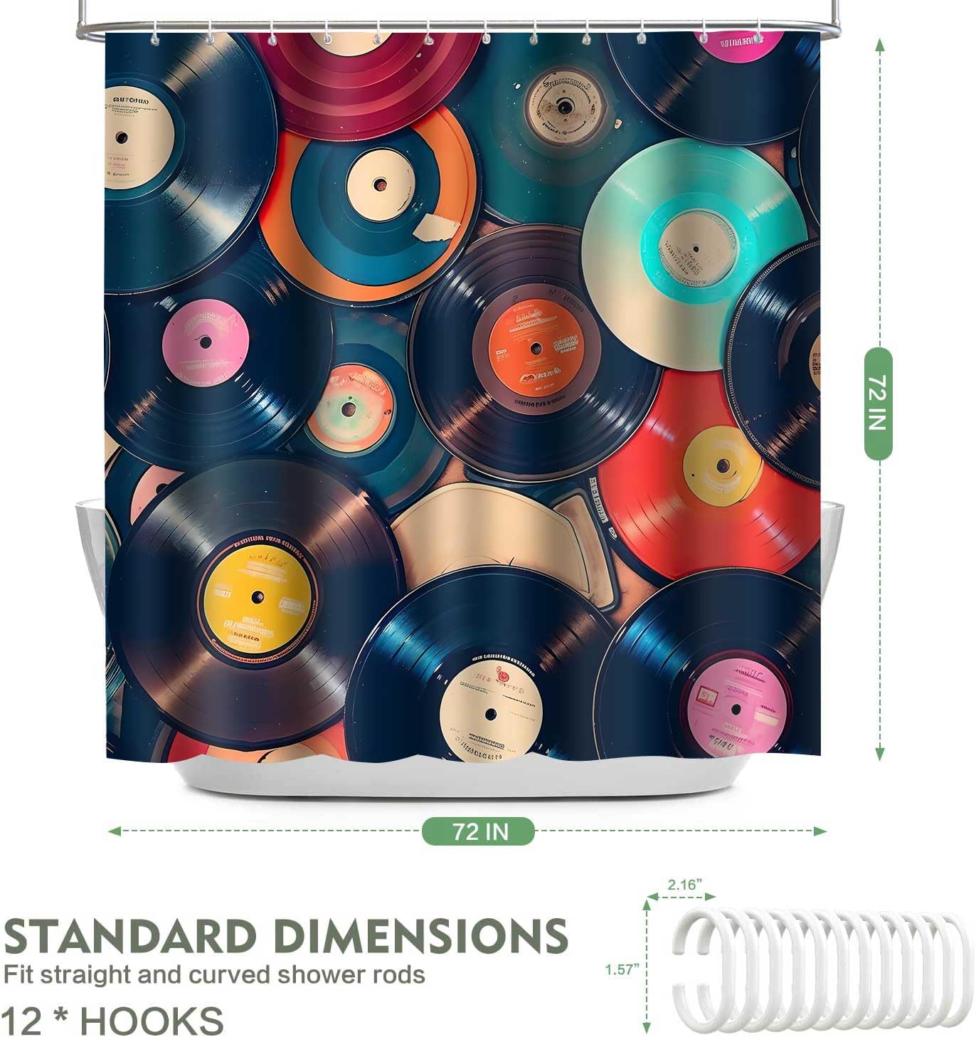 TPMDFC Retro Music Shower Curtain 72x72inch Music Records Bathroom Shower Curtains, Musicial Disc Album Bathroom Bathtubs Decor Set with 12 Hooks YLOKTP0444