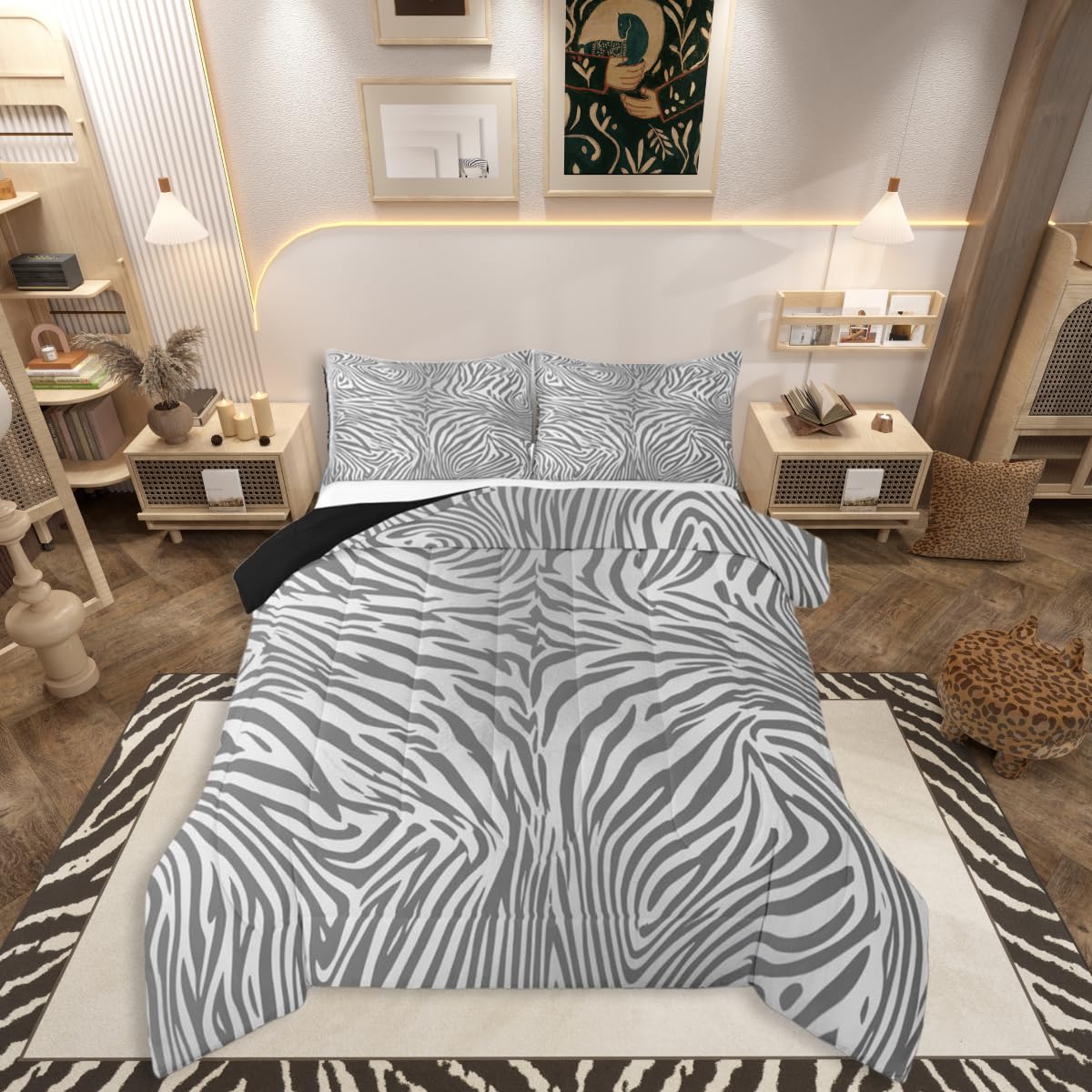jejeloiu Leopard Bedding Set Soft for Boys Girls, Grey and White Tiger Texture Comforter Set Queen Size Animal Skin Duvet Quilt Cheetah Cowhide Bedroom Decor 3 Pcs with 2 Pillow Cases