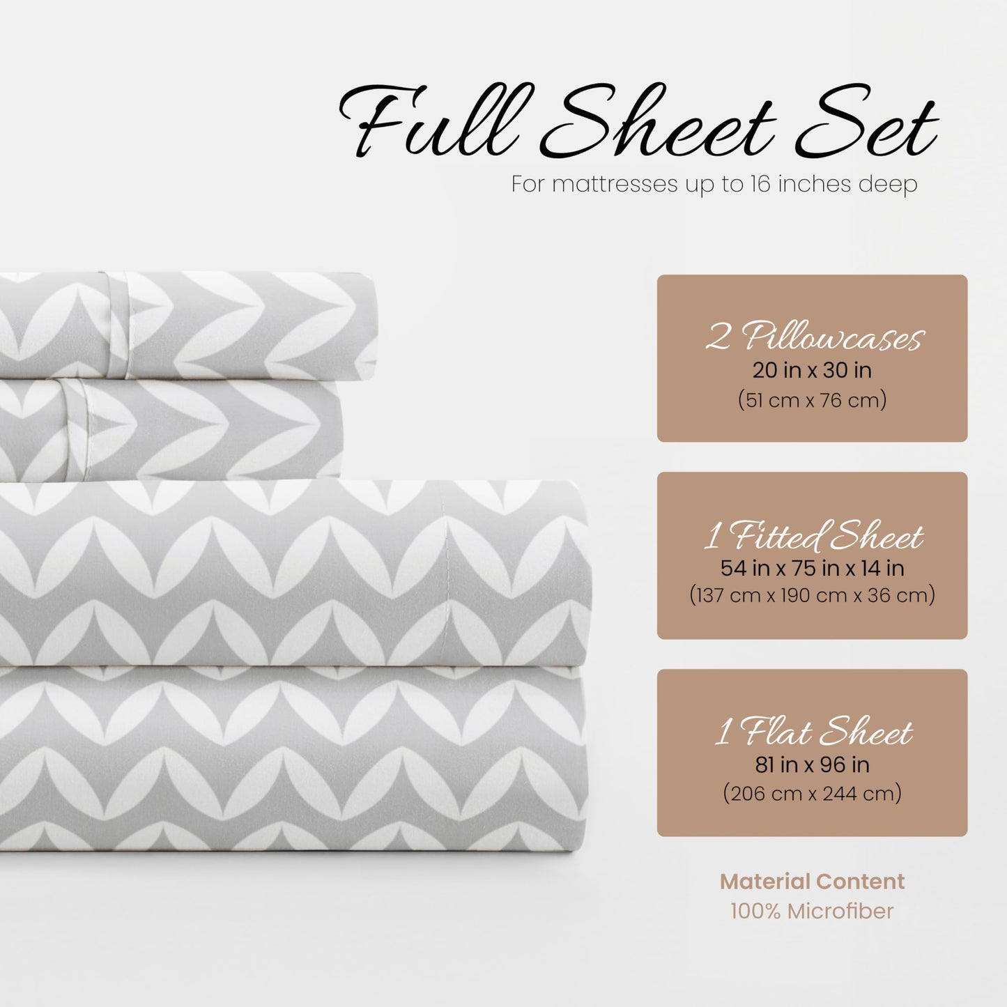 Linen Market Double-Brushed Patterned Microfiber Full Sheet Set 4 Piece – Oeko-TEX Certified Ultra Soft & Wrinkle-Free - 16" Deep Pocket Sheets - Easy Care Full Size - Puffed Chevron Light Gray